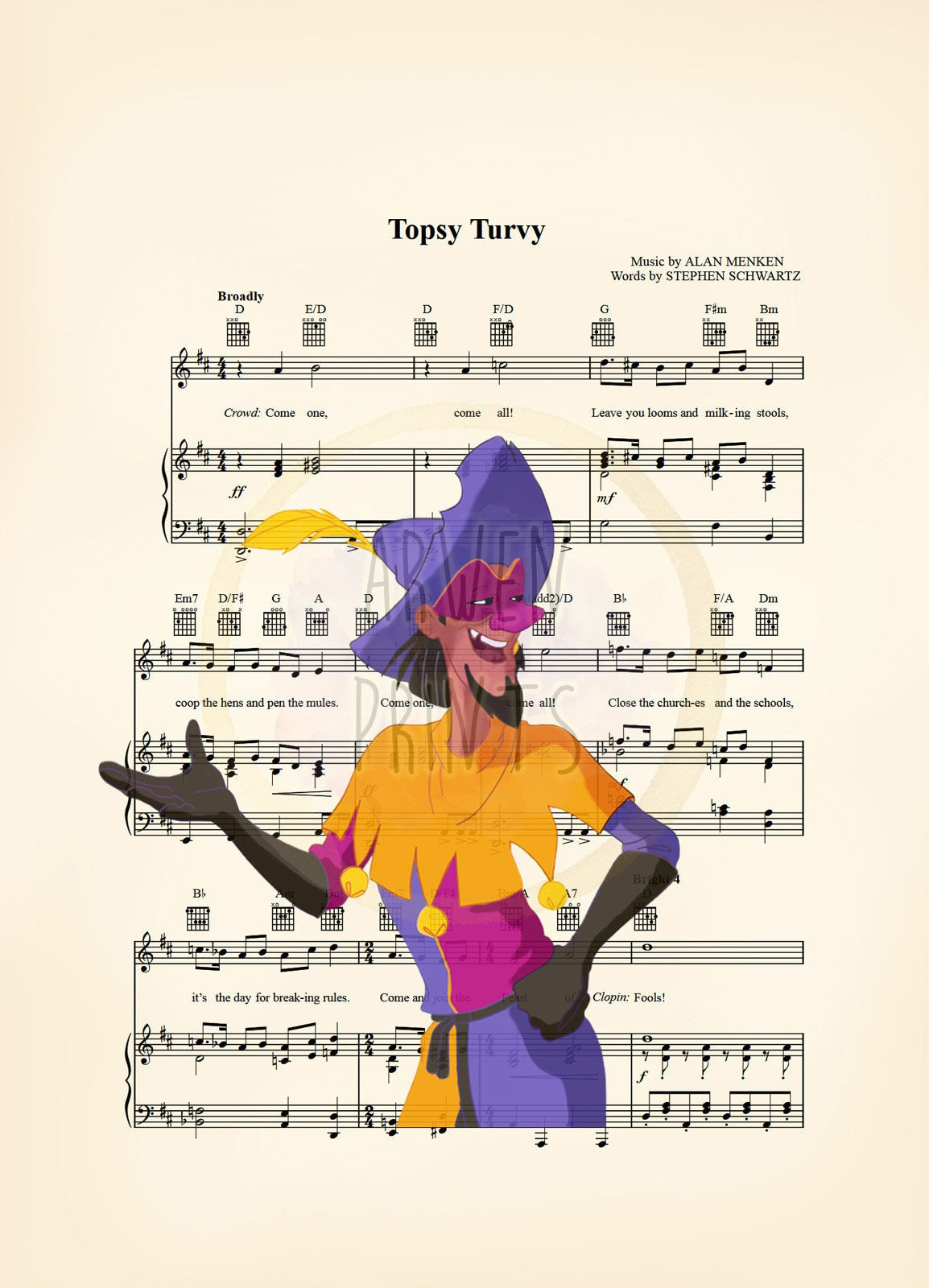 Hunchback Clopin Disney Sheet Music Art Print