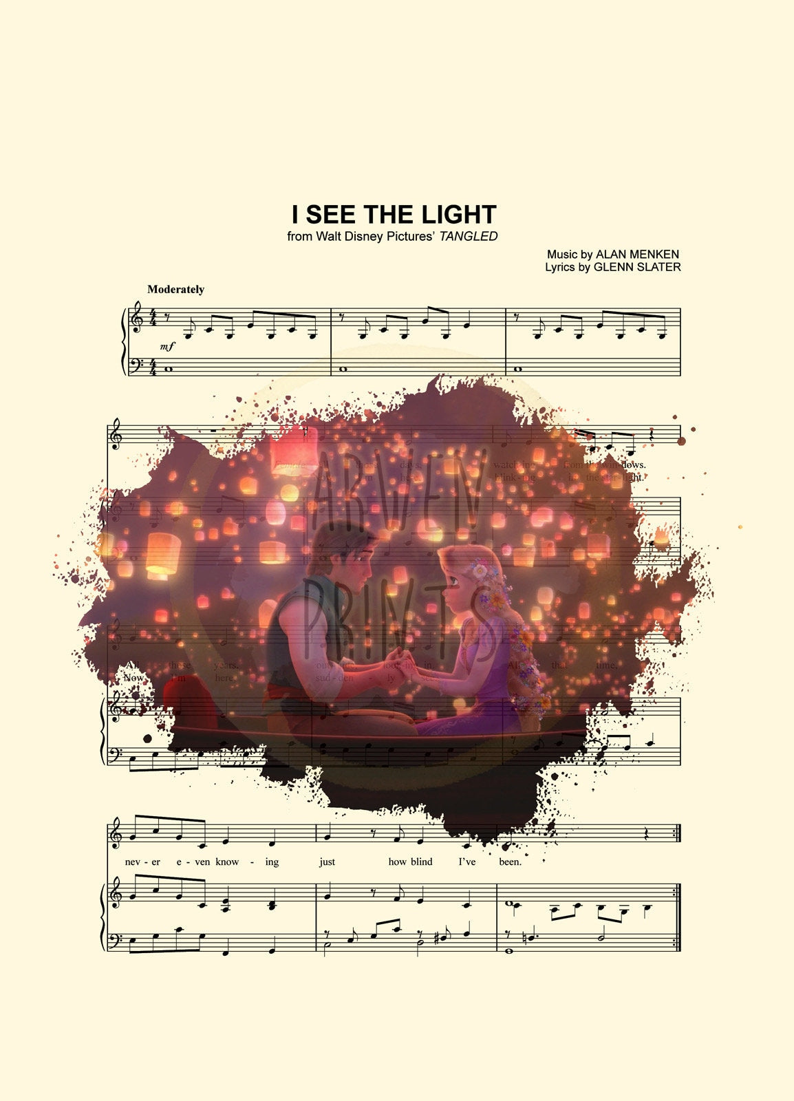 Tangled Rapunzel and Flynn Lanterns Splatter Sheet Music Art Print