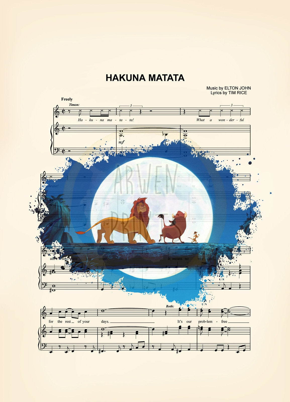 Lion King Hakuna Matata, Simba, Timon and Pumba Splatter Sheet Music Art Print