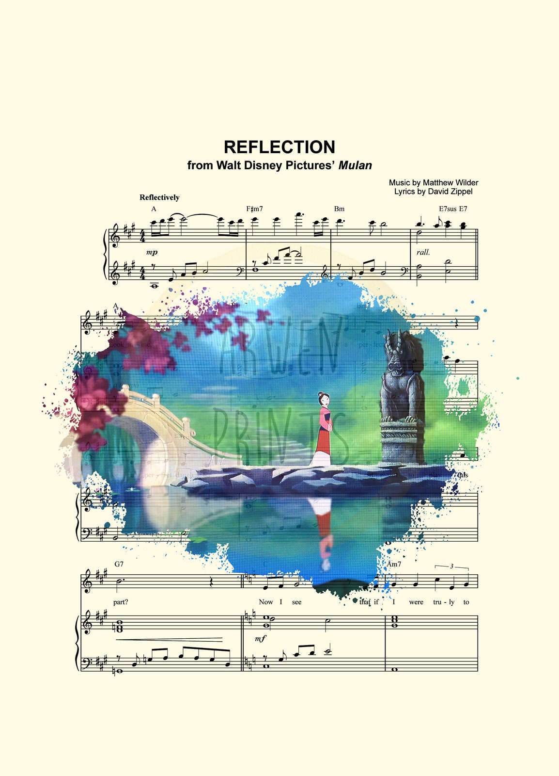 Mulan Reflection Splatter Sheet Music Art Print