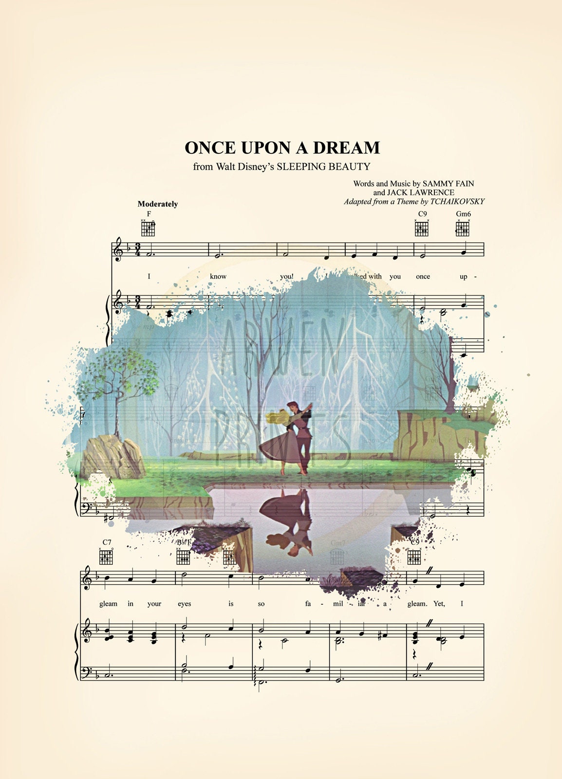 Sleeping Beauty Aurora and Prince Philip Splatter Sheet Music Art Print