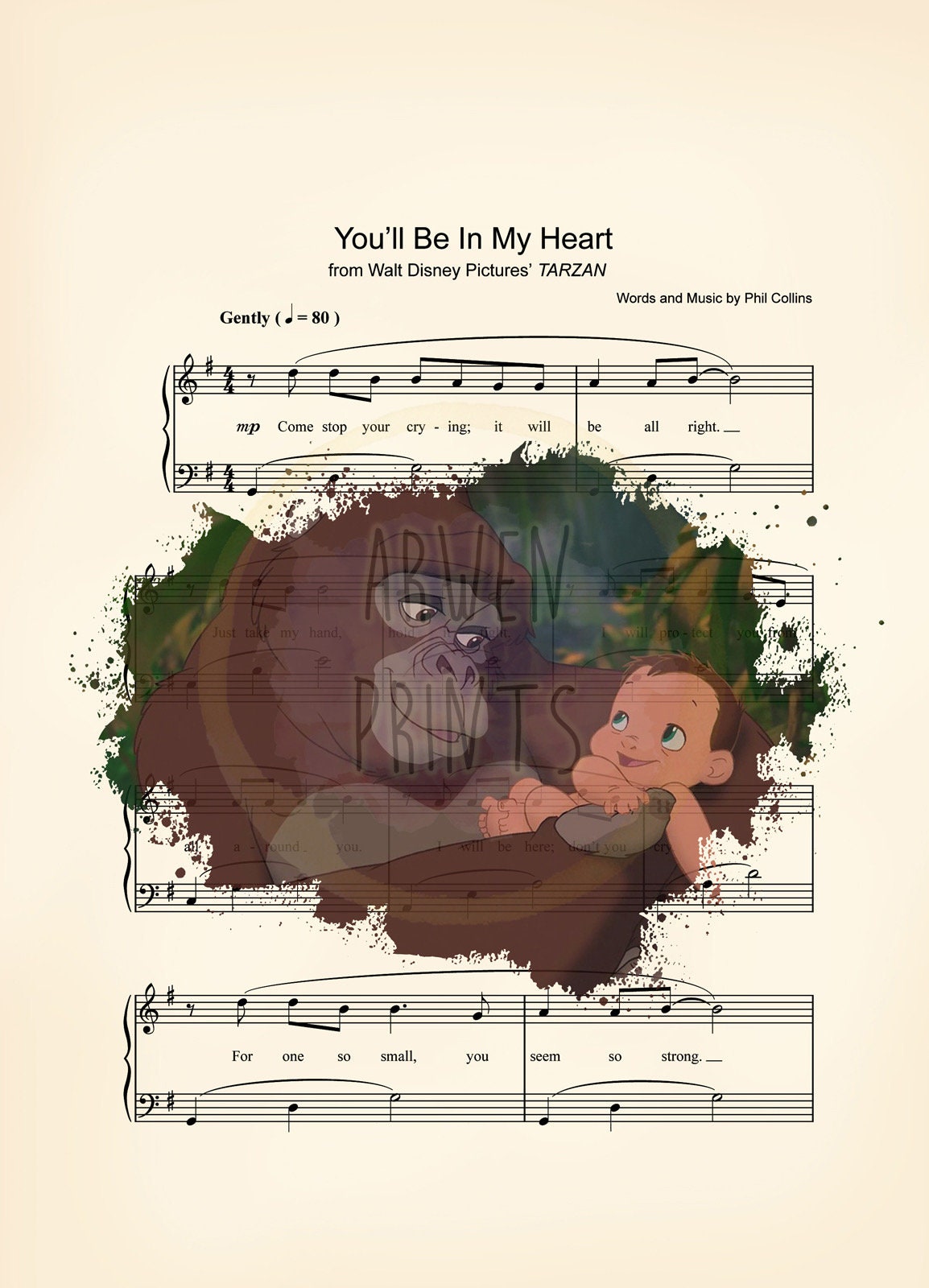 Tarzan and Kala You’ll Be in My Heart Splatter Sheet Music Art Print