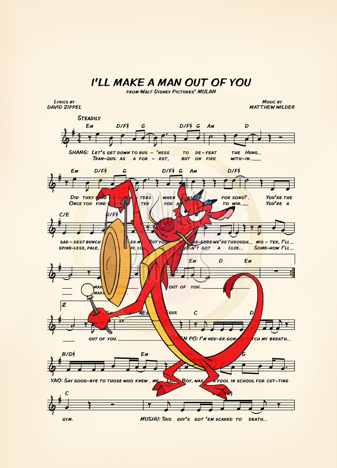 Mulan Mushu I’ll Make A Man Out Of You Disney Sheet Music Art Print