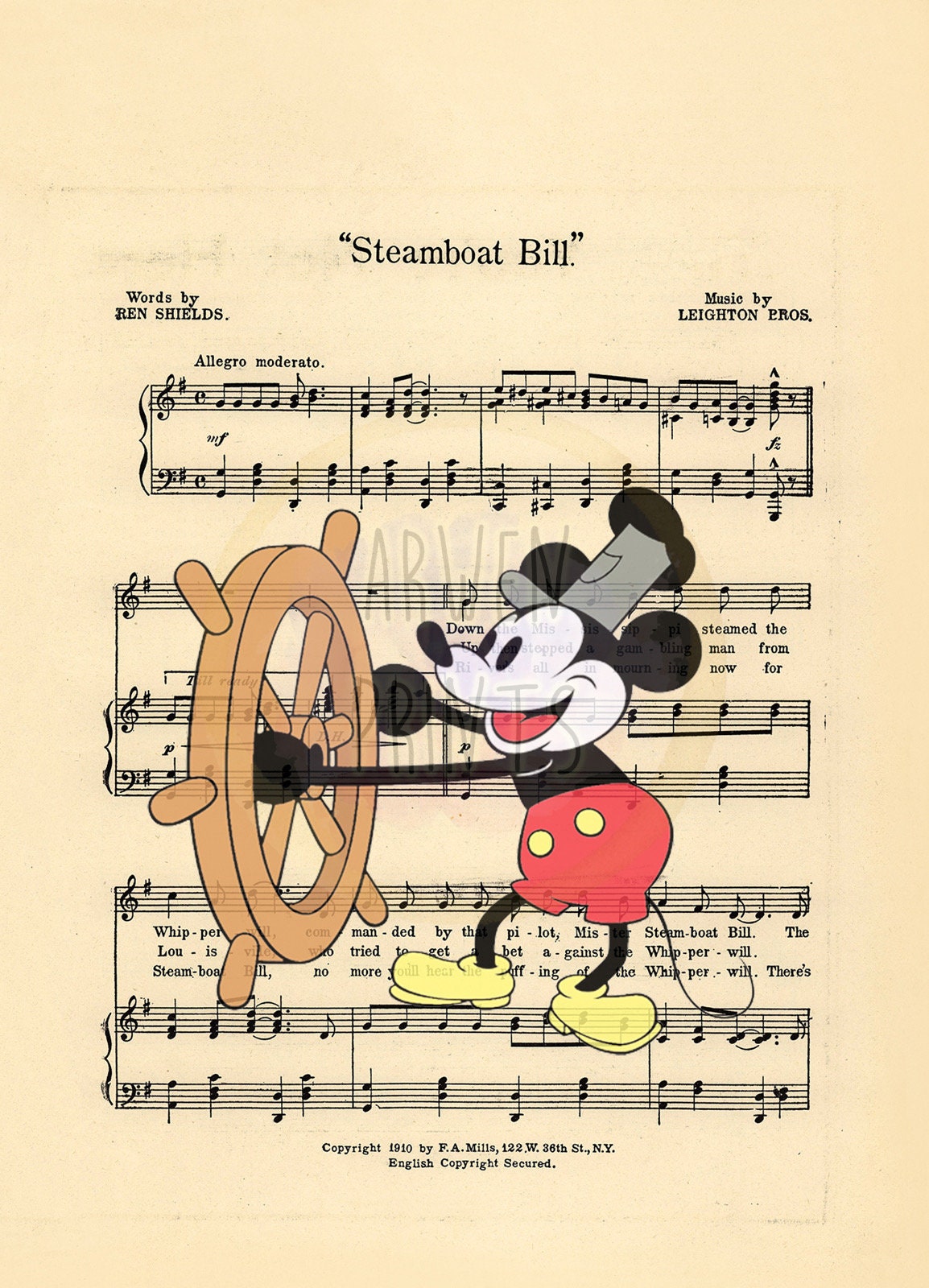 Steamboat Willie Mickey Color Sheet Music Wall Art — Disney Gift for Music Lovers
