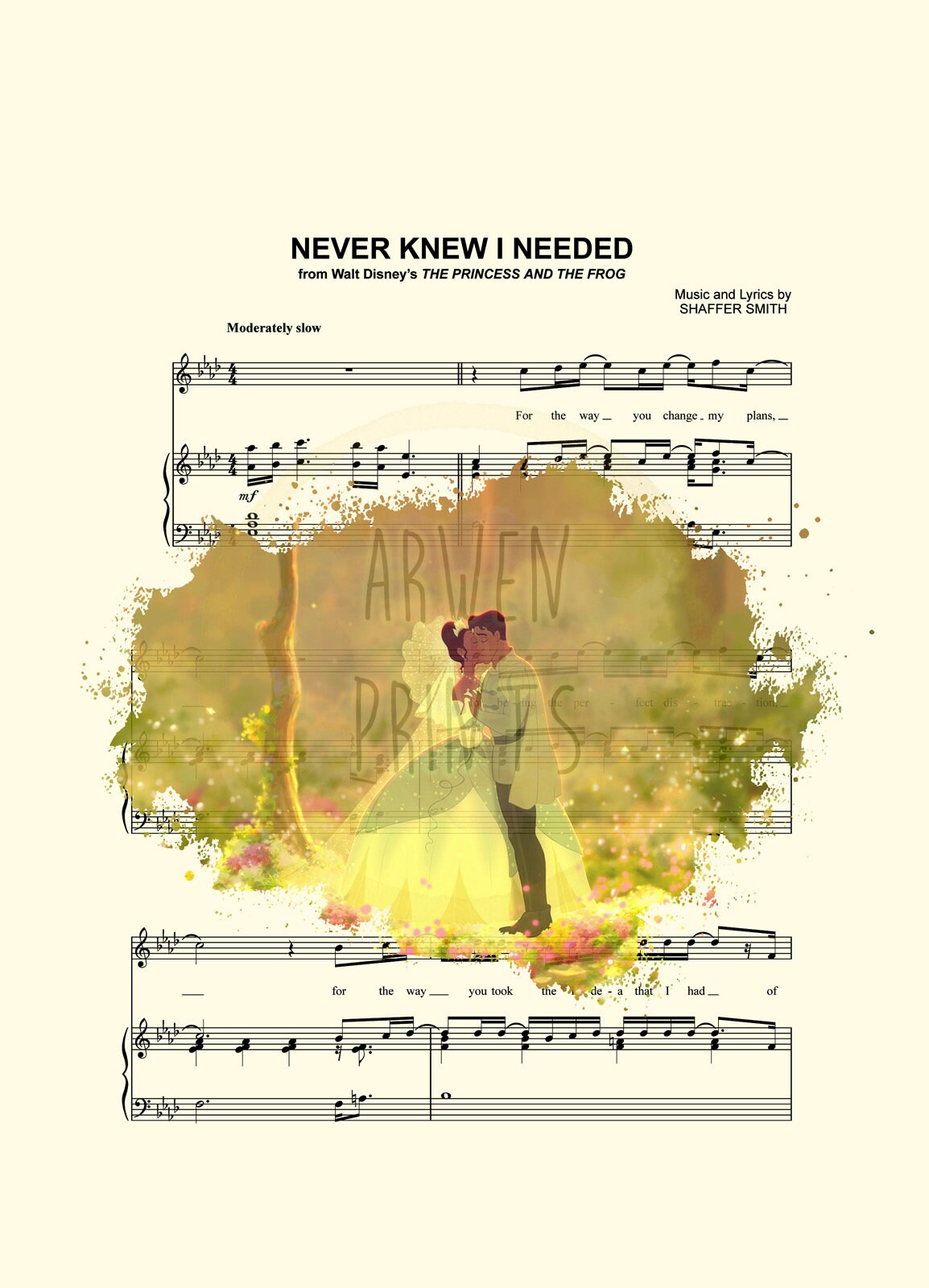 Princess and the Frog Tiana & Naveen Splatter Sheet Music Art Print