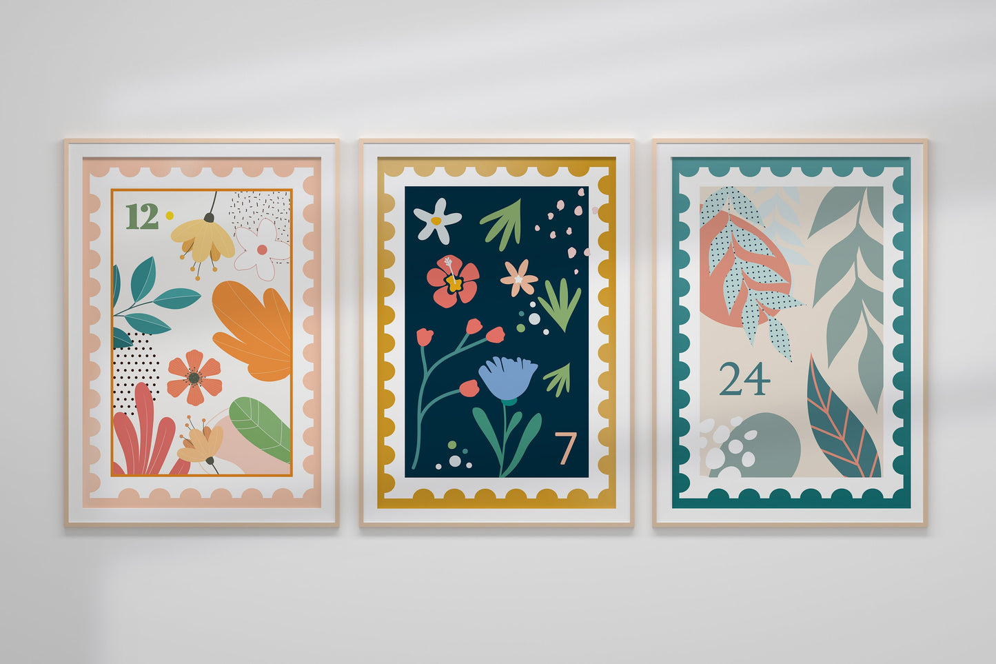 Plants Floral Stamp Home Decor, Boho 3 Canvas Set Wall Art