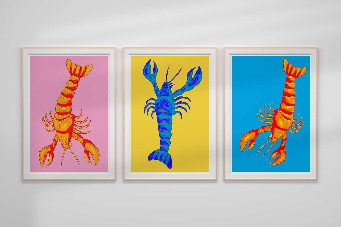 Lobster Art, Artsy Colorful Lobster Prints, Kitchen Decor 3 Canvas Set Wall Art