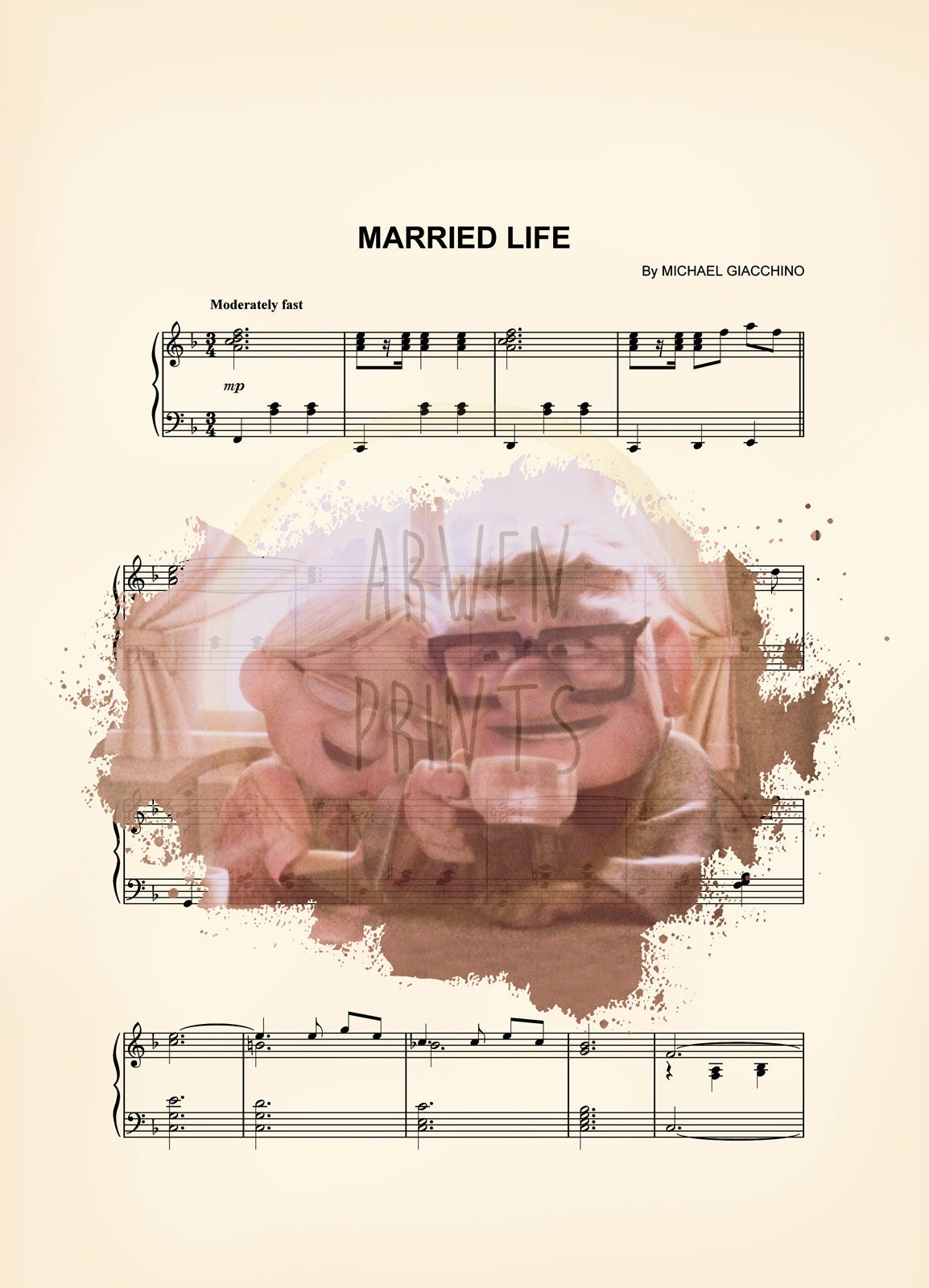 Up Carl and Ellie Old Age Splatter Sheet Music Art Print