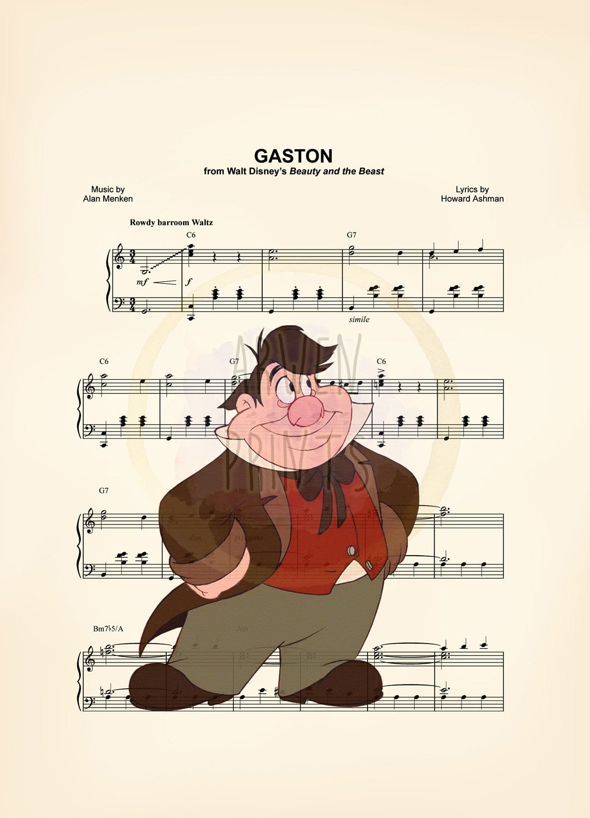 Beauty and the Beast Lefou Gaston Sheet Music Art Print