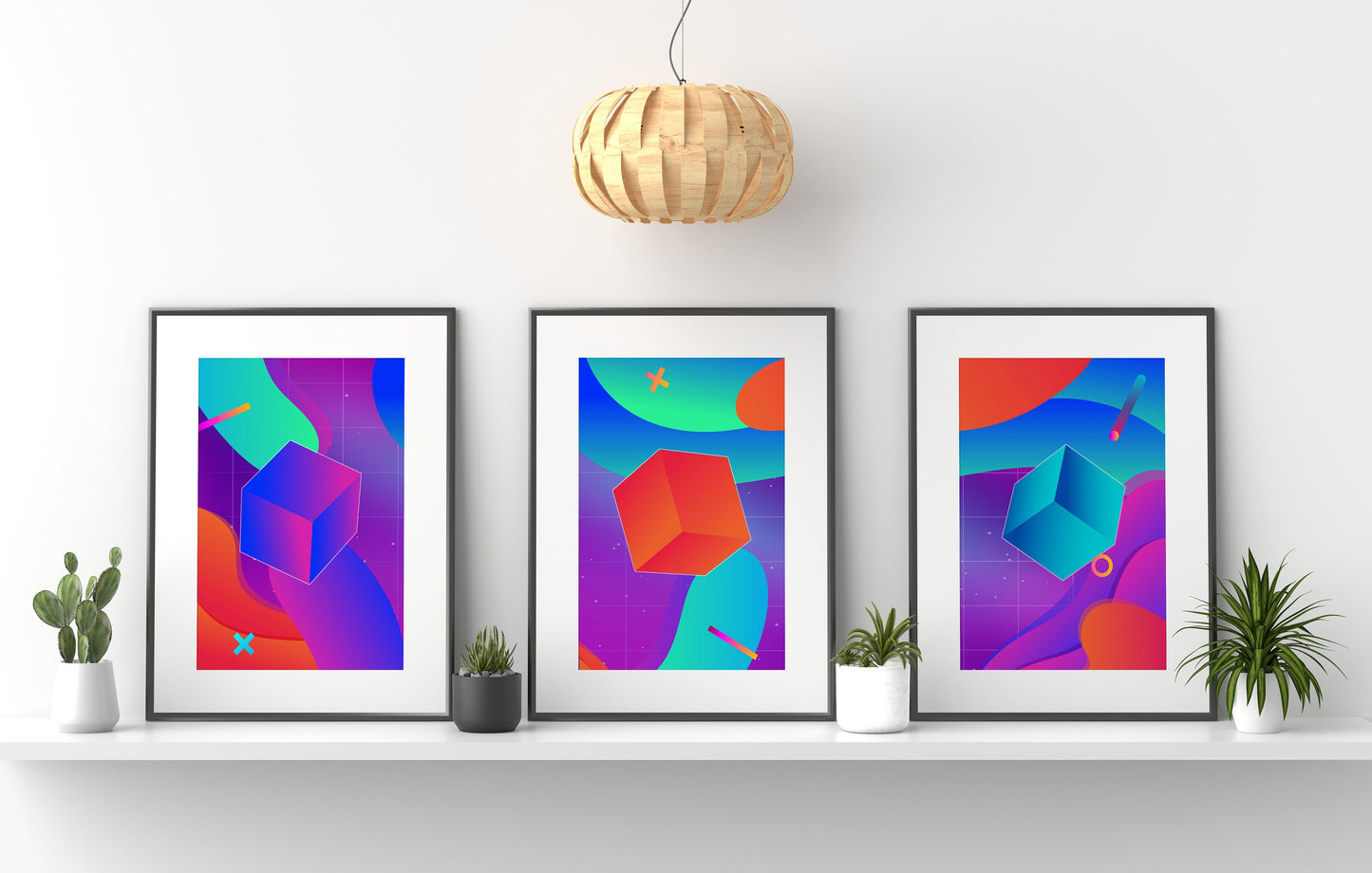 Abstract Neon Cube Psychedelic 3 Print Set Wall Decor