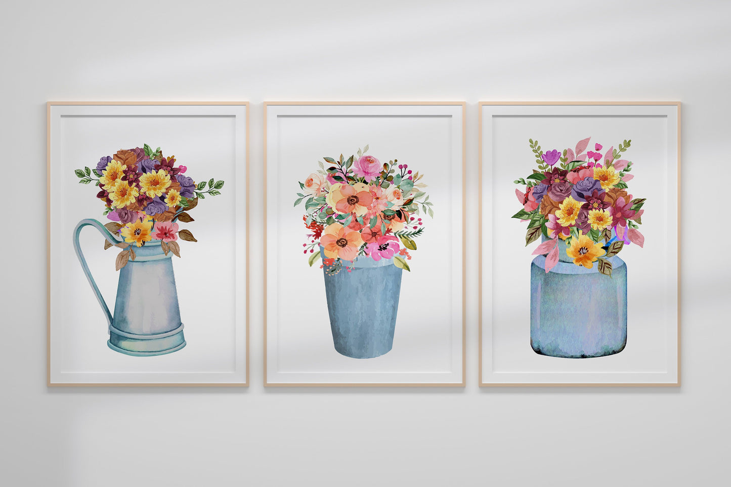 Boho Bouquet of Flowers, Painted Flowers 3 Print Set Wall Art Home Decor