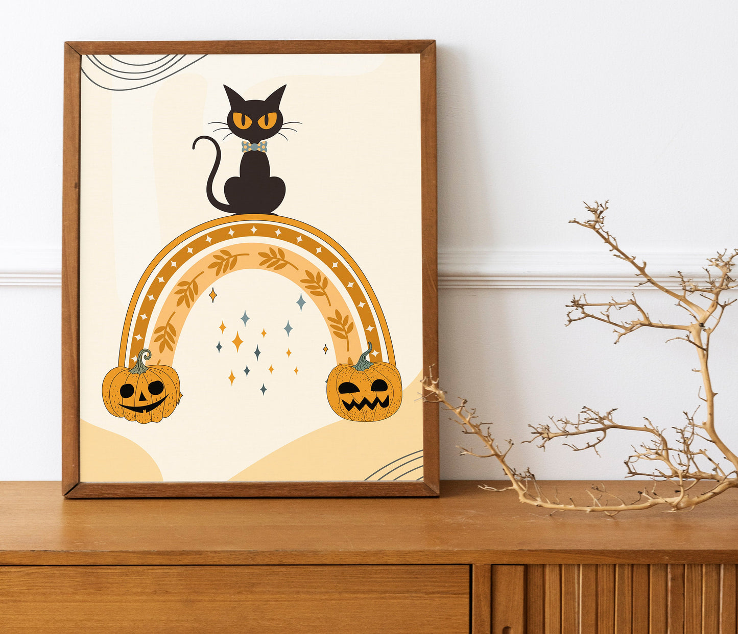 Halloween Cat with Pumpkins Rainbow, Halloween Decor Print, Boho Halloween Illustration, Black Cat, Halloween Wall Decor, Halloween Decor