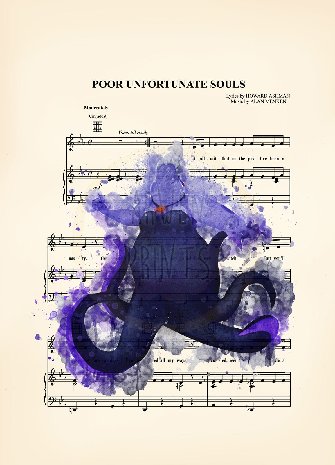 Little Mermaid Ursula Watercolor Silhouette Poor Unfortunate Souls Sheet Music Art Print
