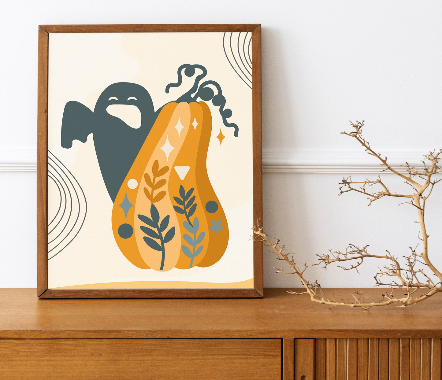 Halloween Ghost with Pumpkin, Halloween Decor Print, Boho Halloween Illustration, Halloween Wall Decor, Halloween Decor