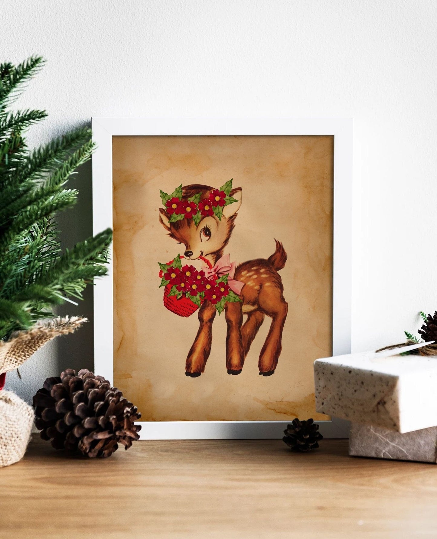 Christmas Vintage Deer Carrying a Basket of Flowers Illustration Art Print, Vintage Christmas, Vintage Christmas Illustration, Christmas Art