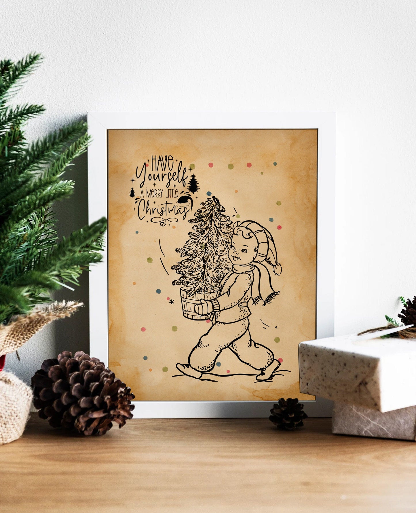 Christmas Vintage Girl Carrying Christmas Illustration Art Print, Vintage Christmas, Vintage Christmas Illustration, Christmas Art