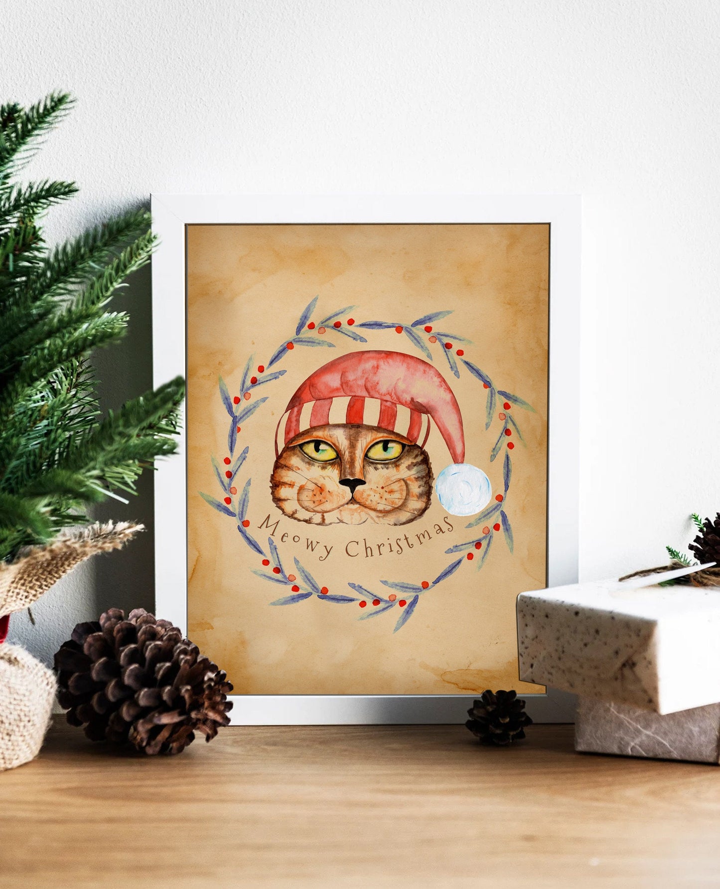 Christmas Vintage Cat Meowy Christmas Illustration Art Print, Vintage Cat, Vintage Christmas Art, Christmas Stocking, Pet Christmas, Cat Art