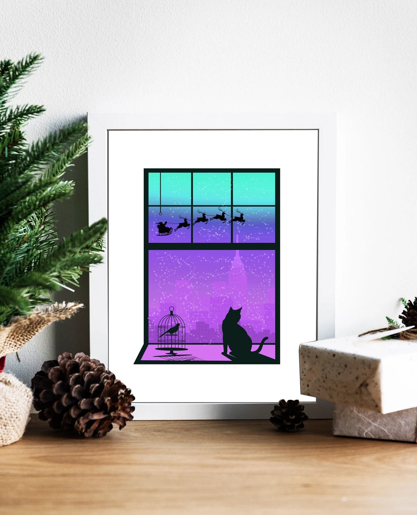 Vintage Cat Looking Out Window at Santa in Sleigh with Reindeer Illustration Art Print, Vintage Christmas, Christmas Neon Art, Neon Cat Art