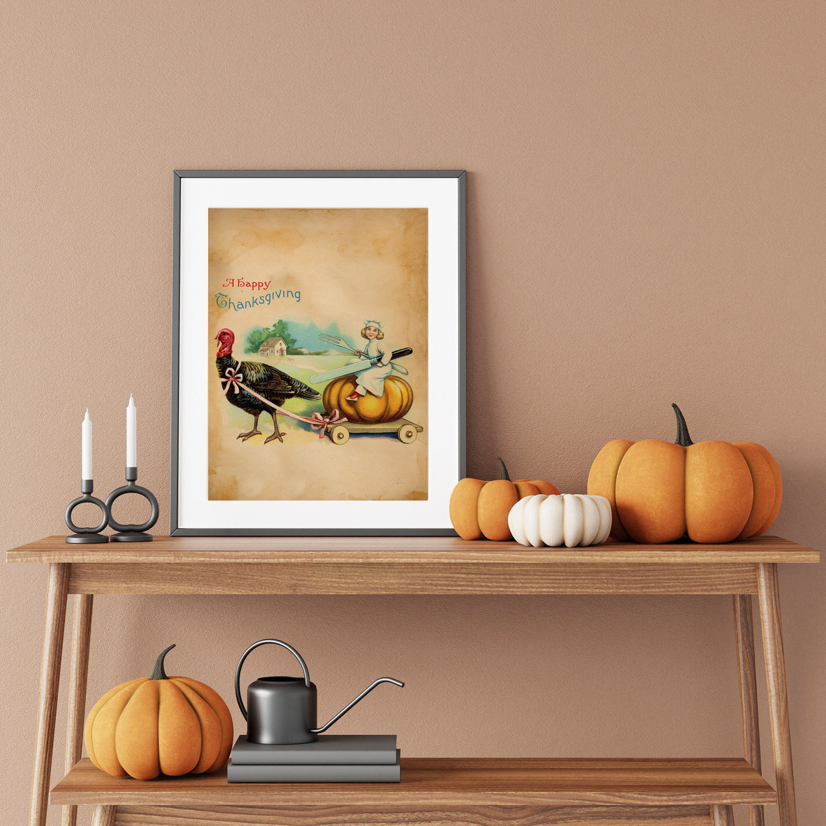 Vintage Thanksgiving Woman Riding on Pumpkin with Turkey Illustration Art Print, Vintage Thanksgiving, Vintage Fall Decor, Thanksgiving Art,