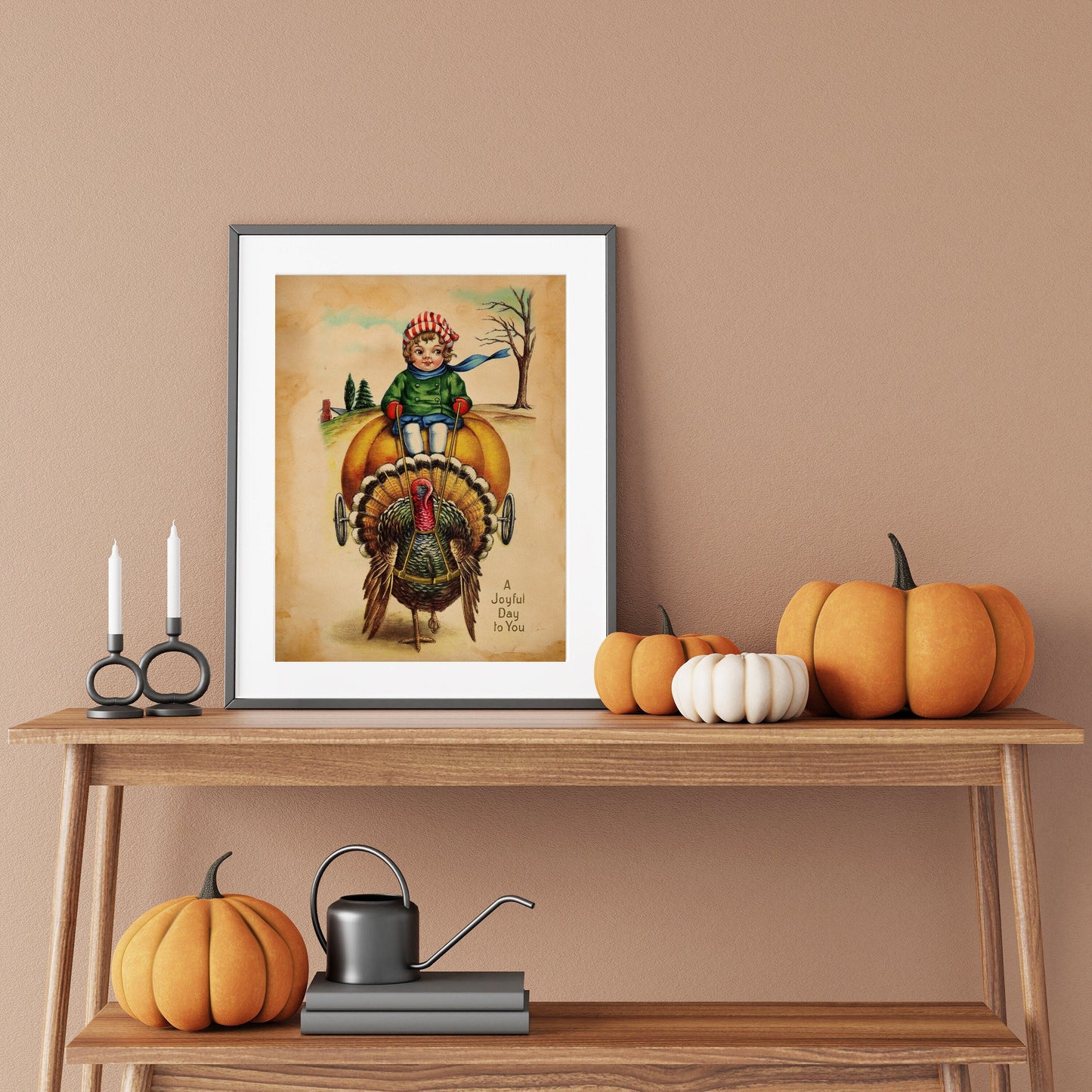 Vintage Thanksgiving Young Girl Riding on Pumpkin with Turkey Illustration Art Print, Vintage Thanksgiving, Vintage Fall, Thanksgiving Art