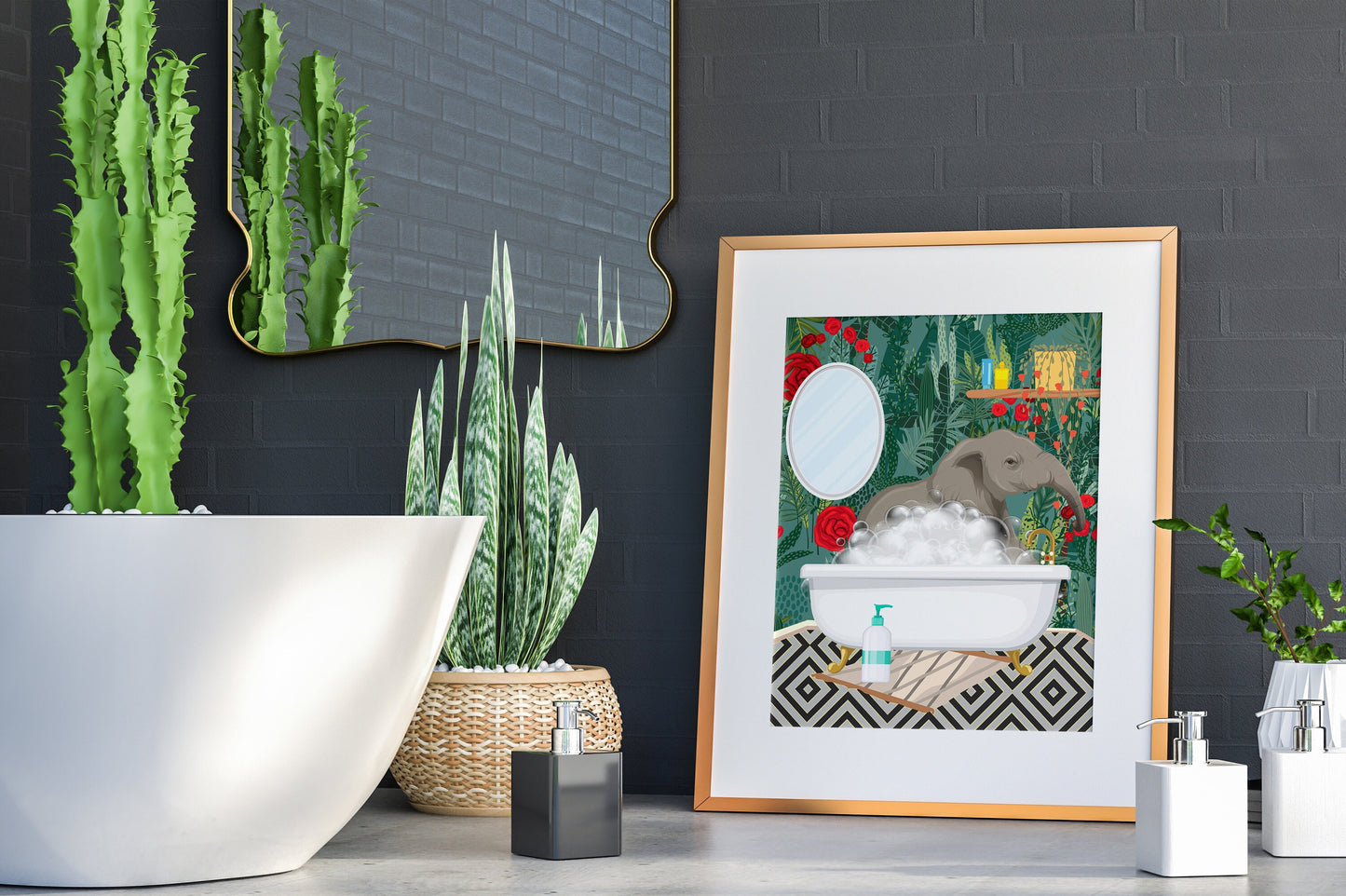 Elephant Taking a Bath Illustration Art Print, Elephant Bathroom Art, Elephant Boho Art, Boho Bathroom Decor, Bathroom Wall Art, Boho Art