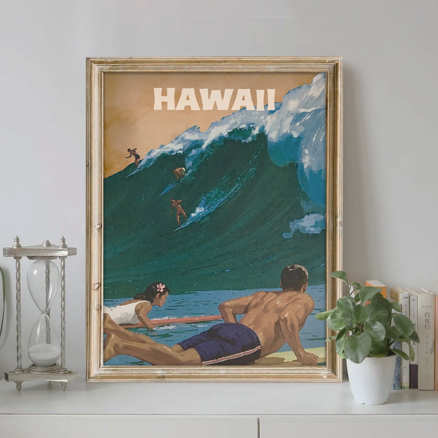 Hawaii Beach Art Print, Hawaii Art Print With Surfers And Waves, Scenic Art Print, Travel Art, Hawaii Wall Decor