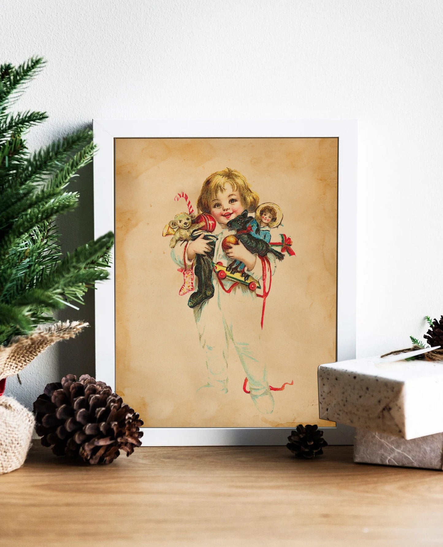Christmas Vintage Girl Holding Toys Illustration Art Print, Vintage Christmas, Vintage Christmas Illustration