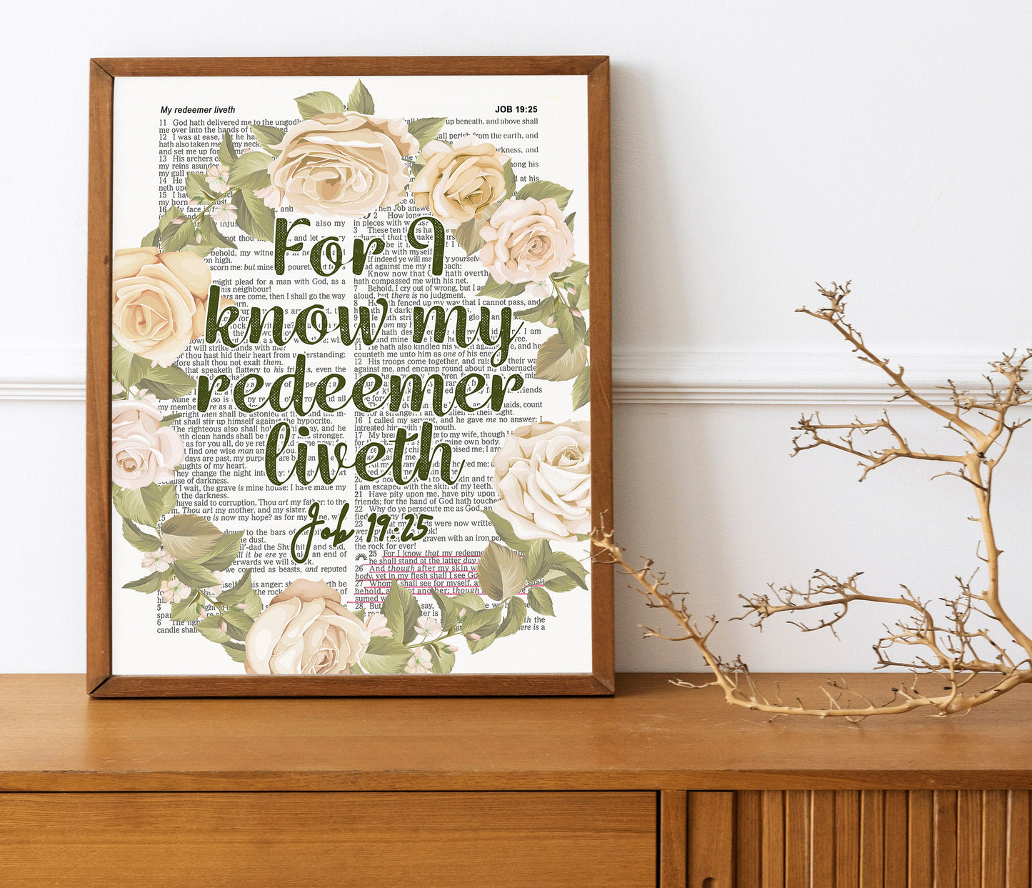 Bible Job 19:25 Dictionary Art Print, Flower Wreath Art Decor