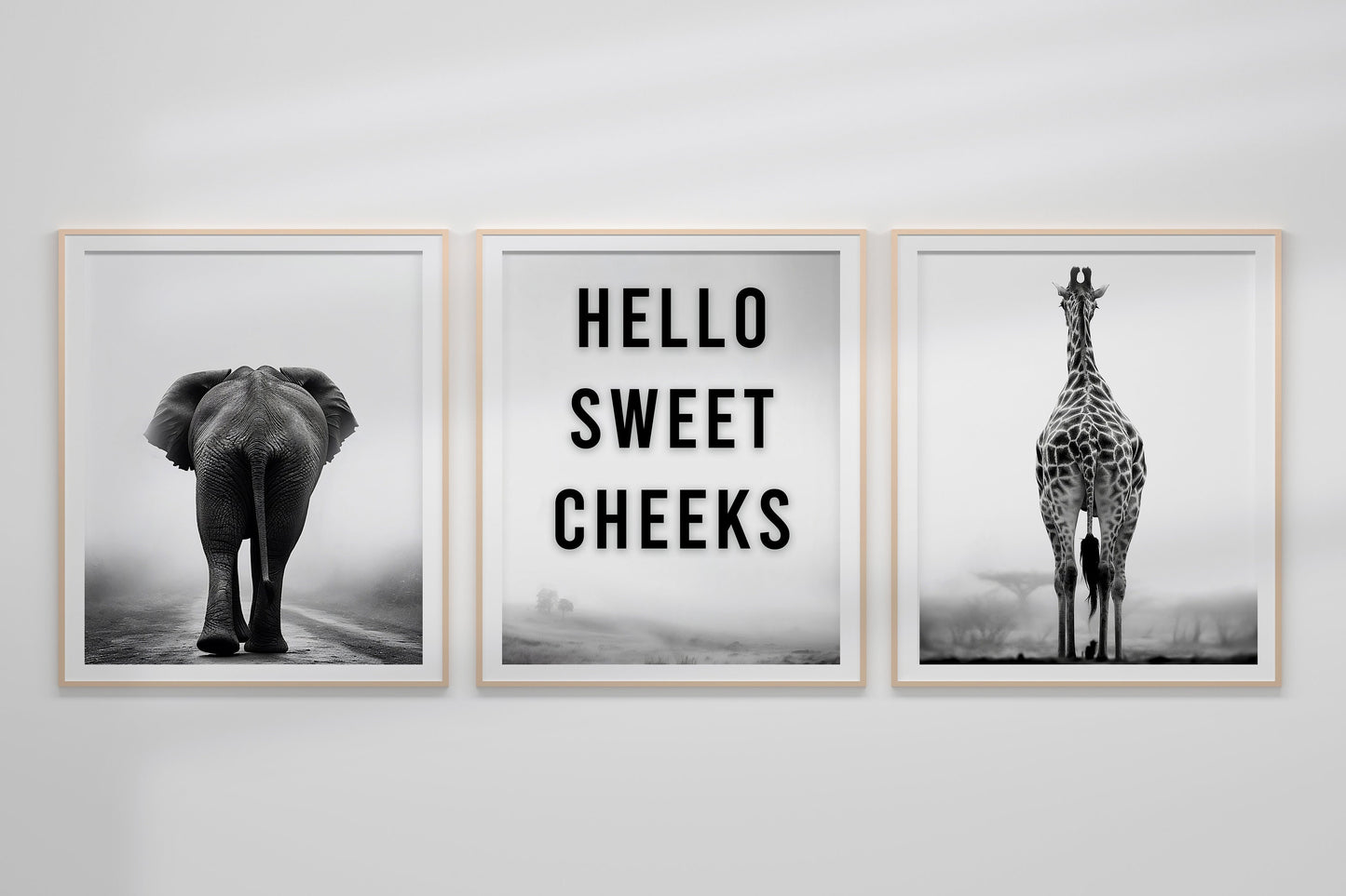 Hello Sweet Cheeks Bathroom Decor, Black and White Classic Wall Decor, Art Print Set, Funny Bathroom Decor, Animal Wall Art, Elephant Decor