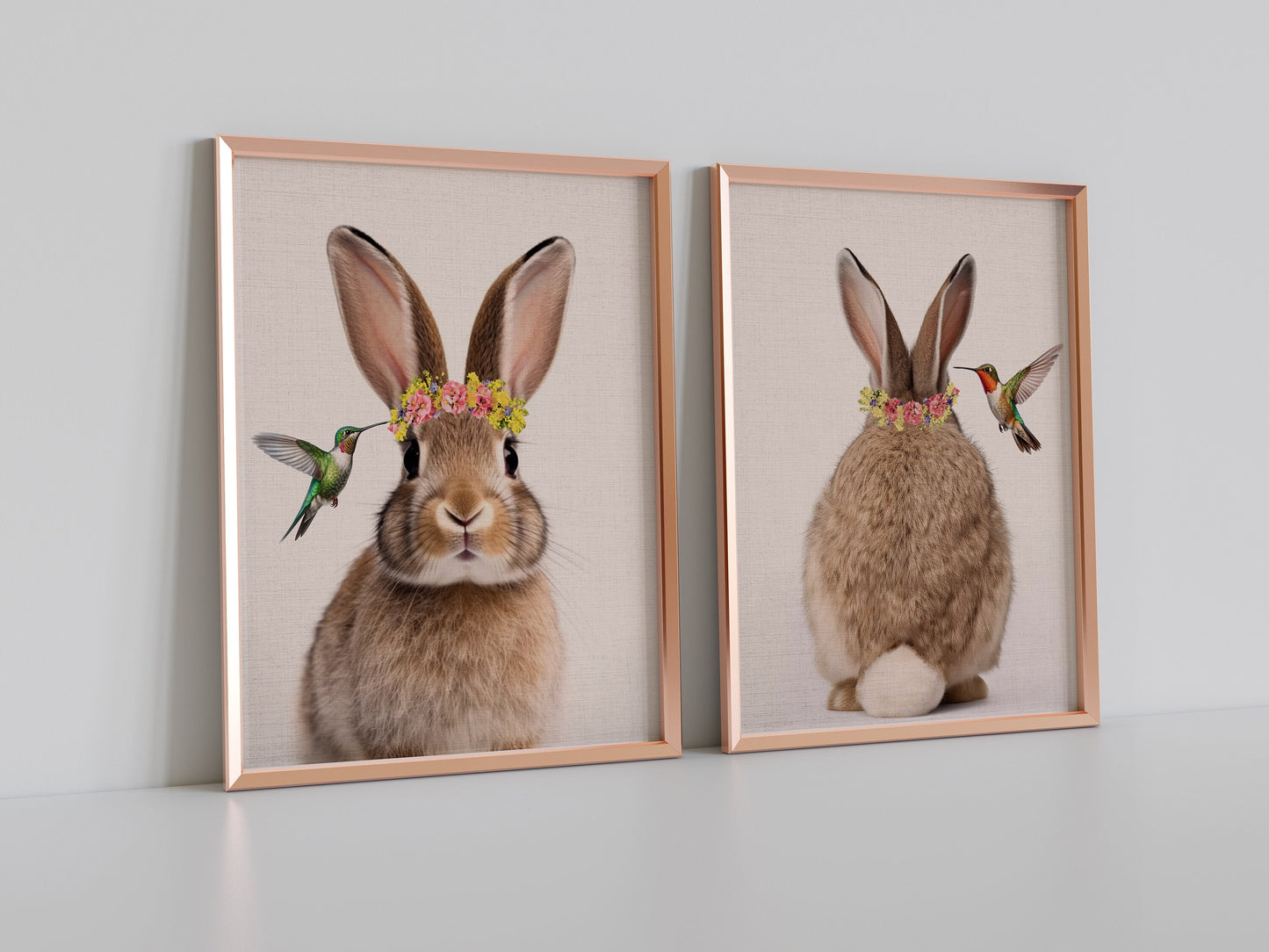 Cute Bunny With Head Wreath And Hummingbirds Art Set, Nursery Art, Bunny Art
