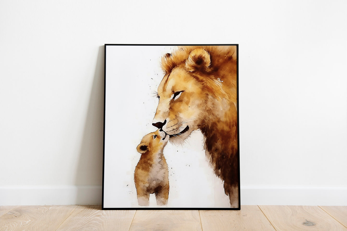 Lion And Cub Kissing Watercolor Illustration Art Print, Lion Nursery Art, Lion Boho Art, Animal Nursery Art, Nursery Decor, Boho Art