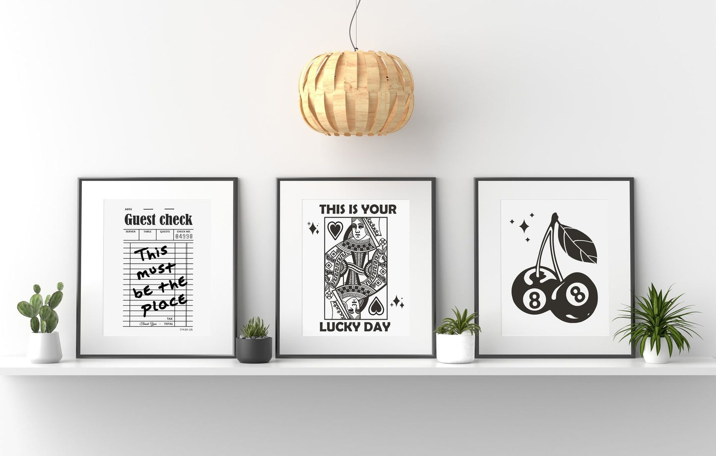 Lucky Day Black and White Wall Decor Art Print Set, Bathroom Decor, Eight Ball Art, Cherry Art