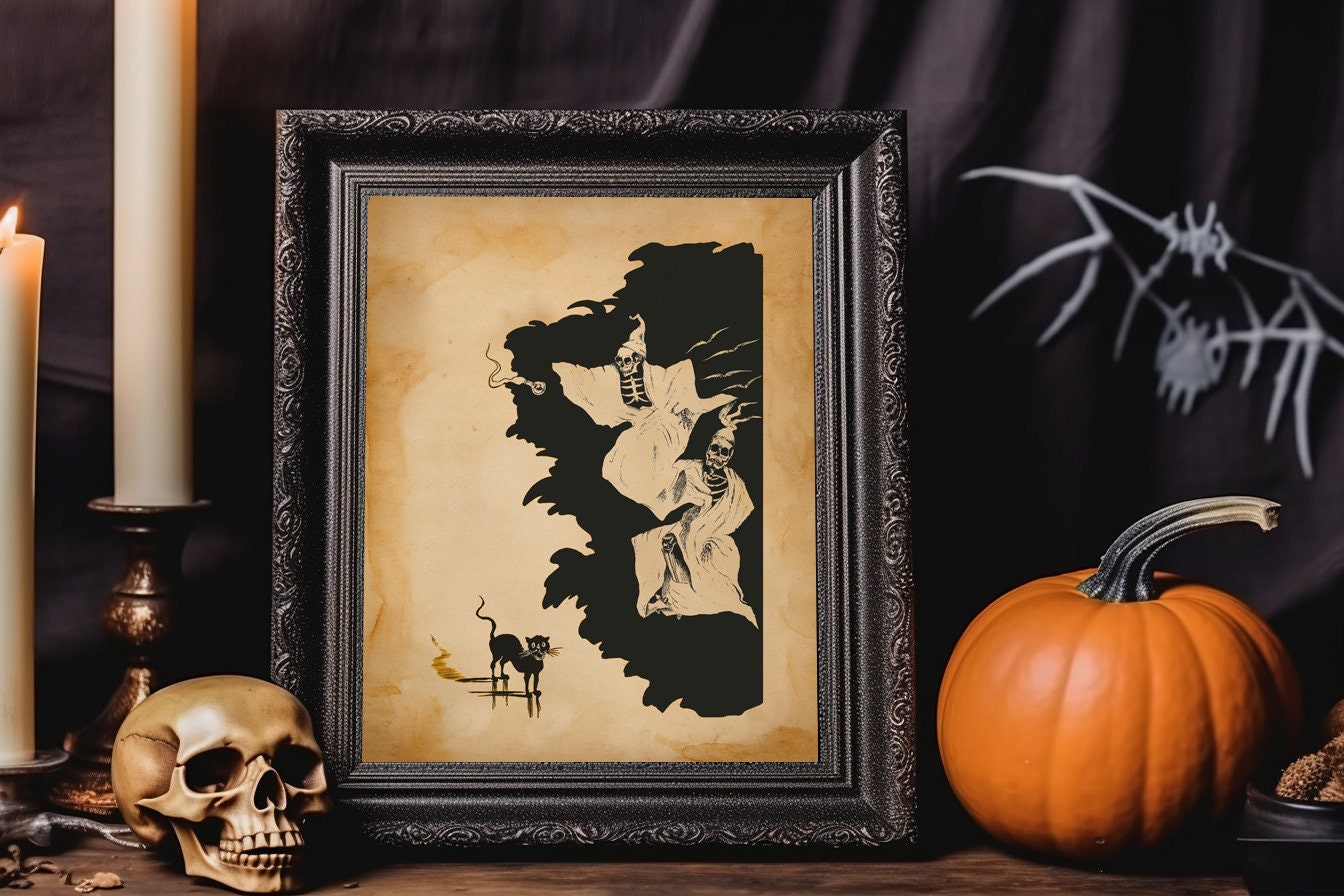 Halloween Ghost Skeletons With Black Cat Vintage Illustration Art Print