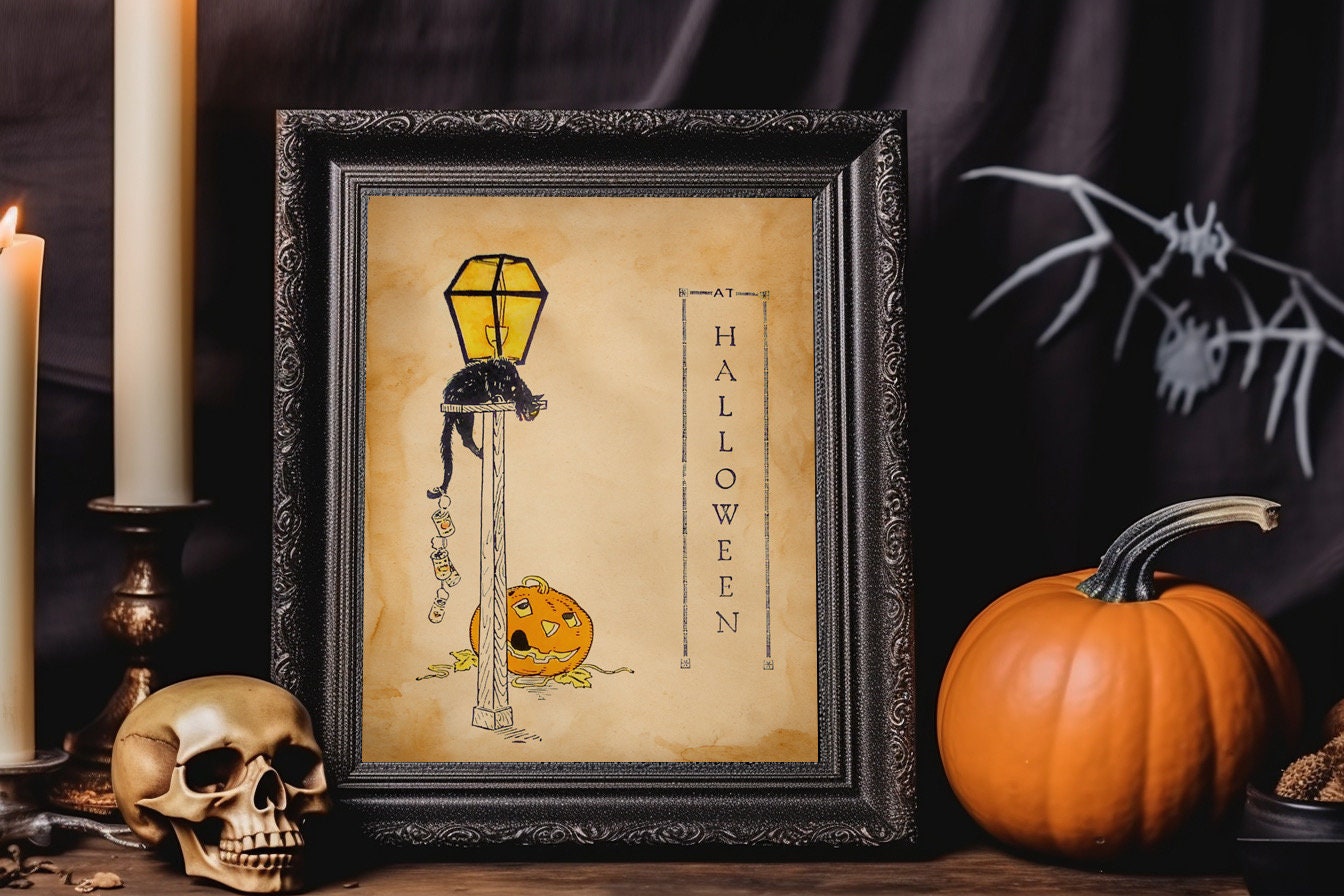 Halloween Light Pole Lantern With Black Cat And Pumpkin Halloween Art Print, Halloween Deco, Halloween Vintage Illustration
