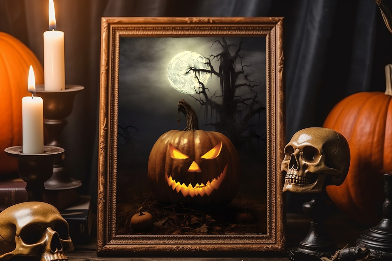 Halloween Jack-o-lantern In Forest Art Print, Halloween Decor Print, Halloween Wall Decor, Halloween Decor