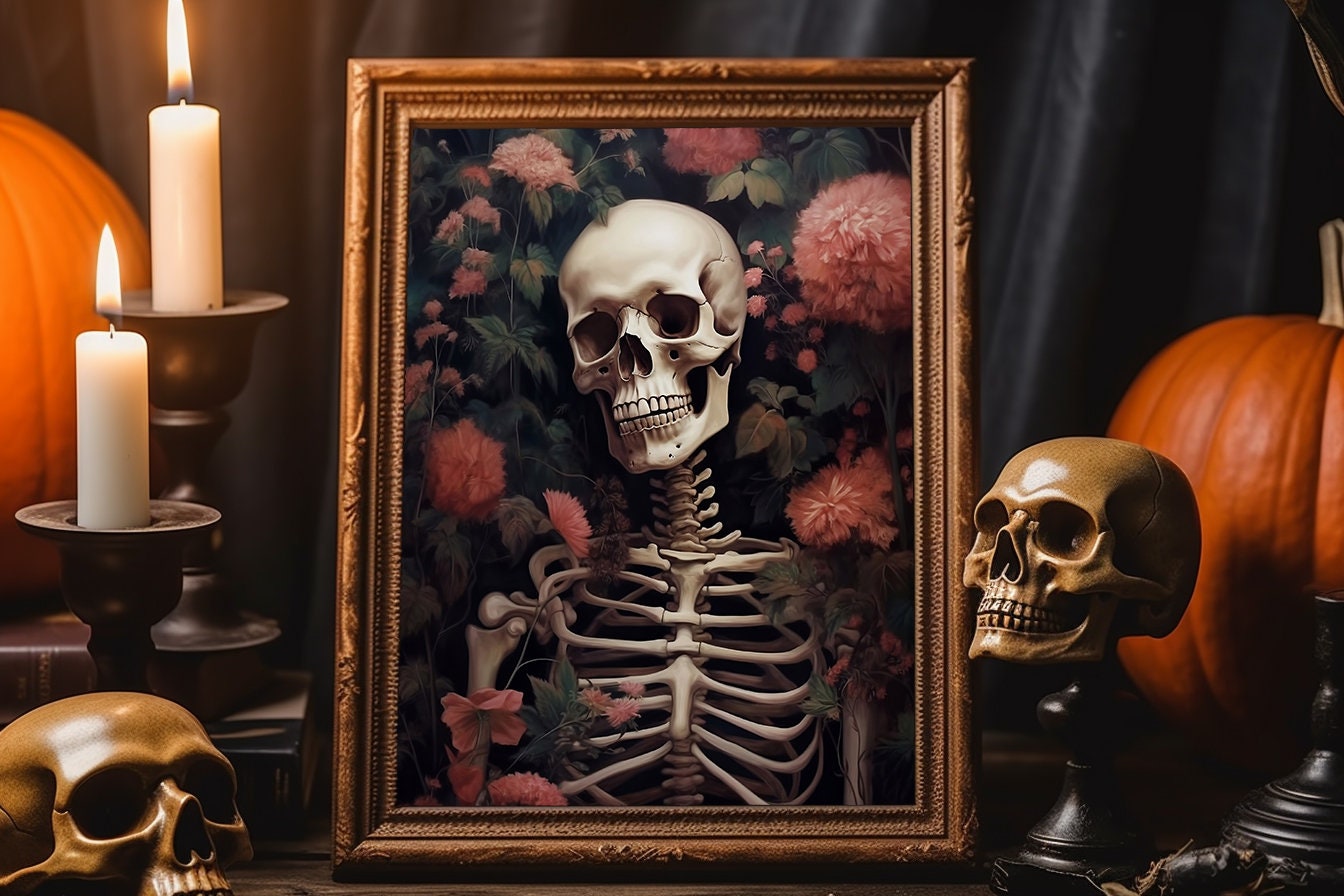 Halloween Skeleton Laying In Rose Garden Vintage Illustration Art Print