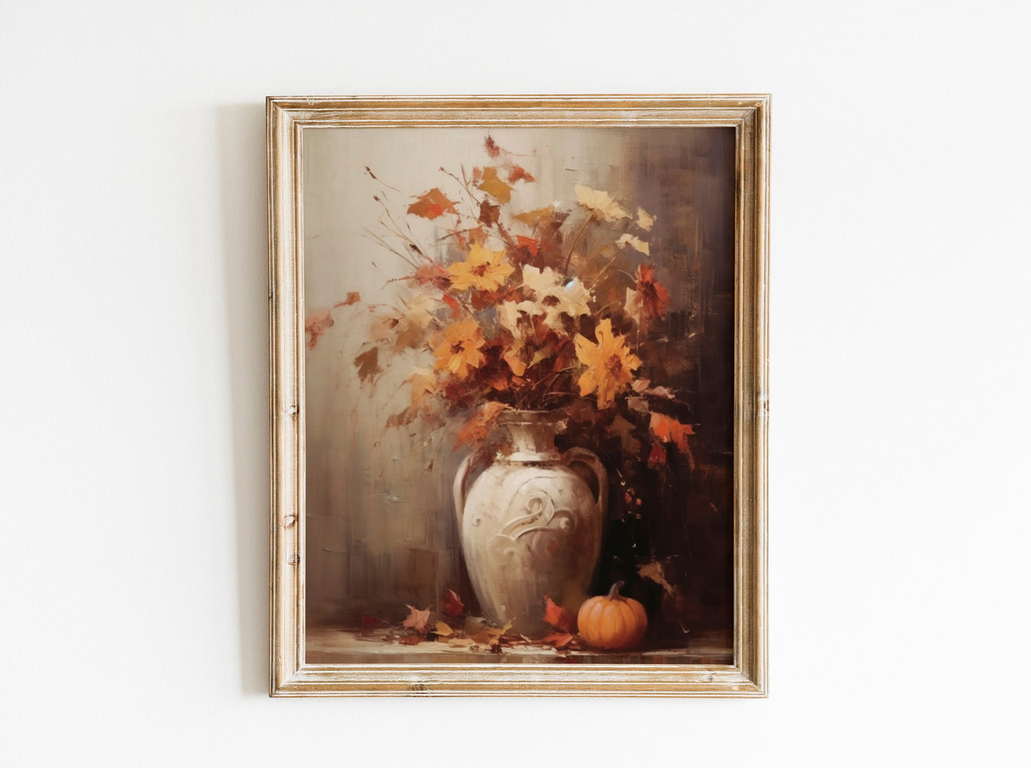 Flowers In Vase With Pumpkin Oil Painting Illustration Art Print
