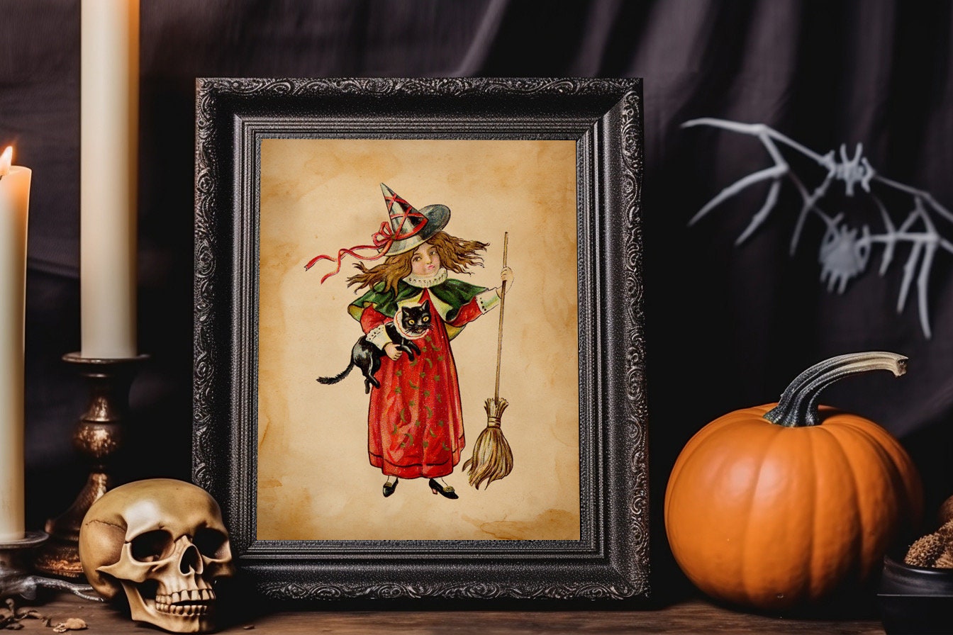 Halloween Vintage Young Witch With Black Cat Fancy Attire Art Print, Vintage Halloween, Vintage Halloween Illustration, Vintage Halloween