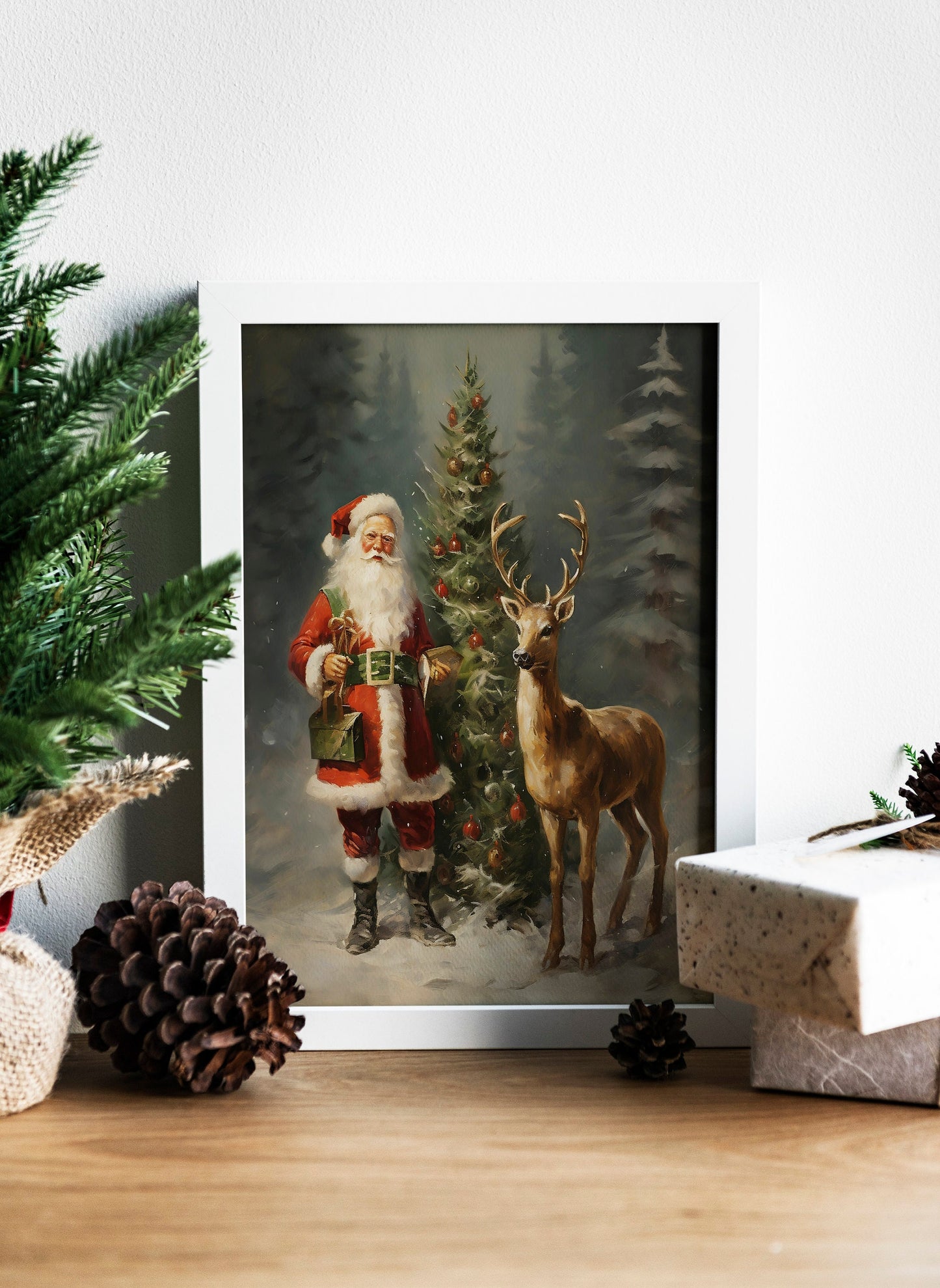 Christmas Vintage Santa and Rudolph In Forest Art Print