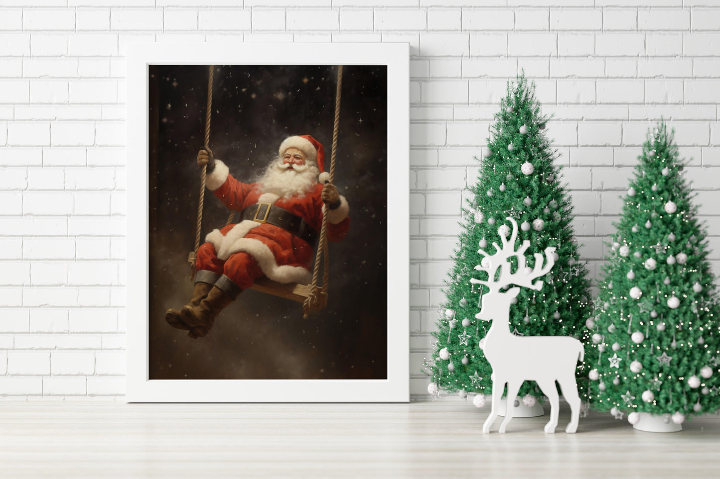 Christmas Vintage Santa Claus Swinging On A Swing Art Print, Vintage Christmas, Christmas Santa, Vintage Santa, Santa Illustration