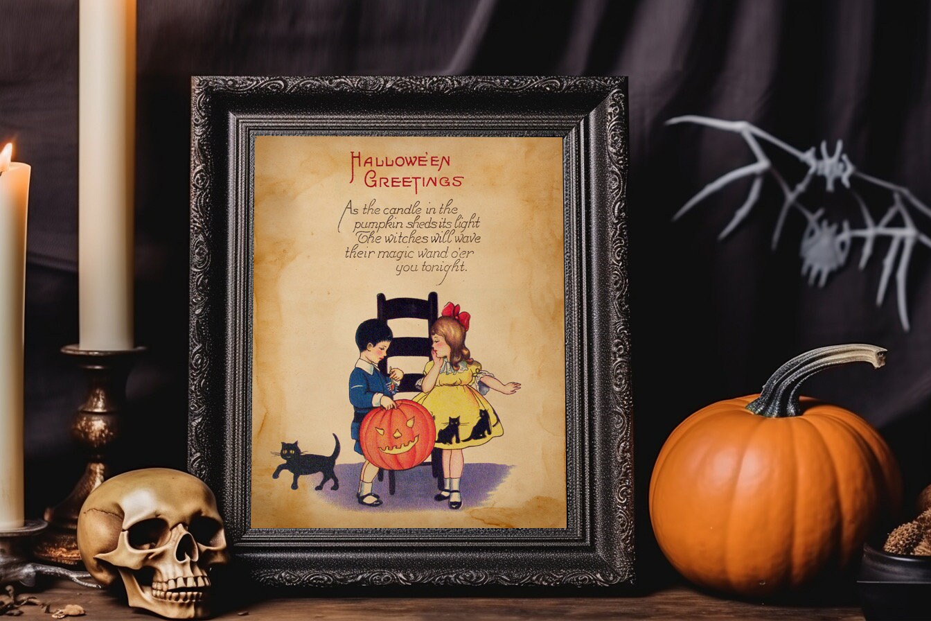 Halloween Vintage Young Boy and Girl With Black Cat Greetings Art Print, Vintage Halloween, Vintage Halloween Illustration
