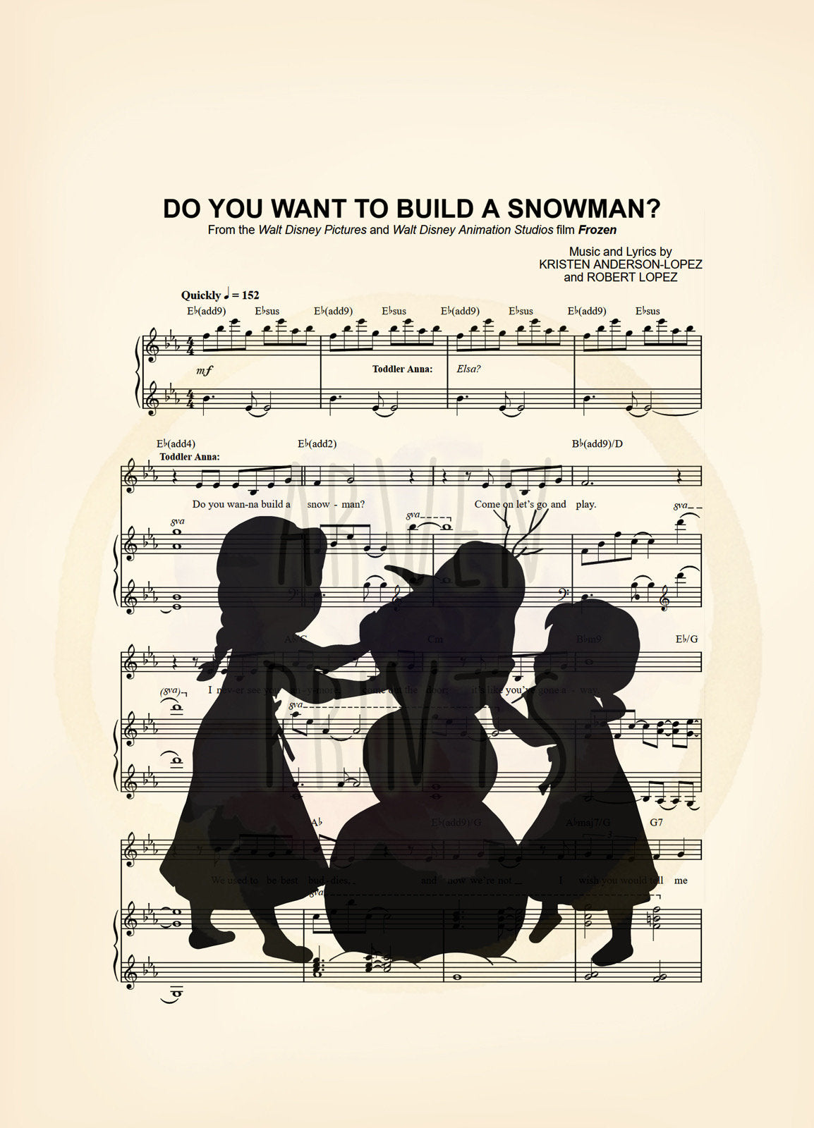 Frozen Anna and Elsa Building Olaf Do You Want To Build A Snowman? Sheet Musc Personalized Name & Date Print — Disney Anniversary Wedding Gift