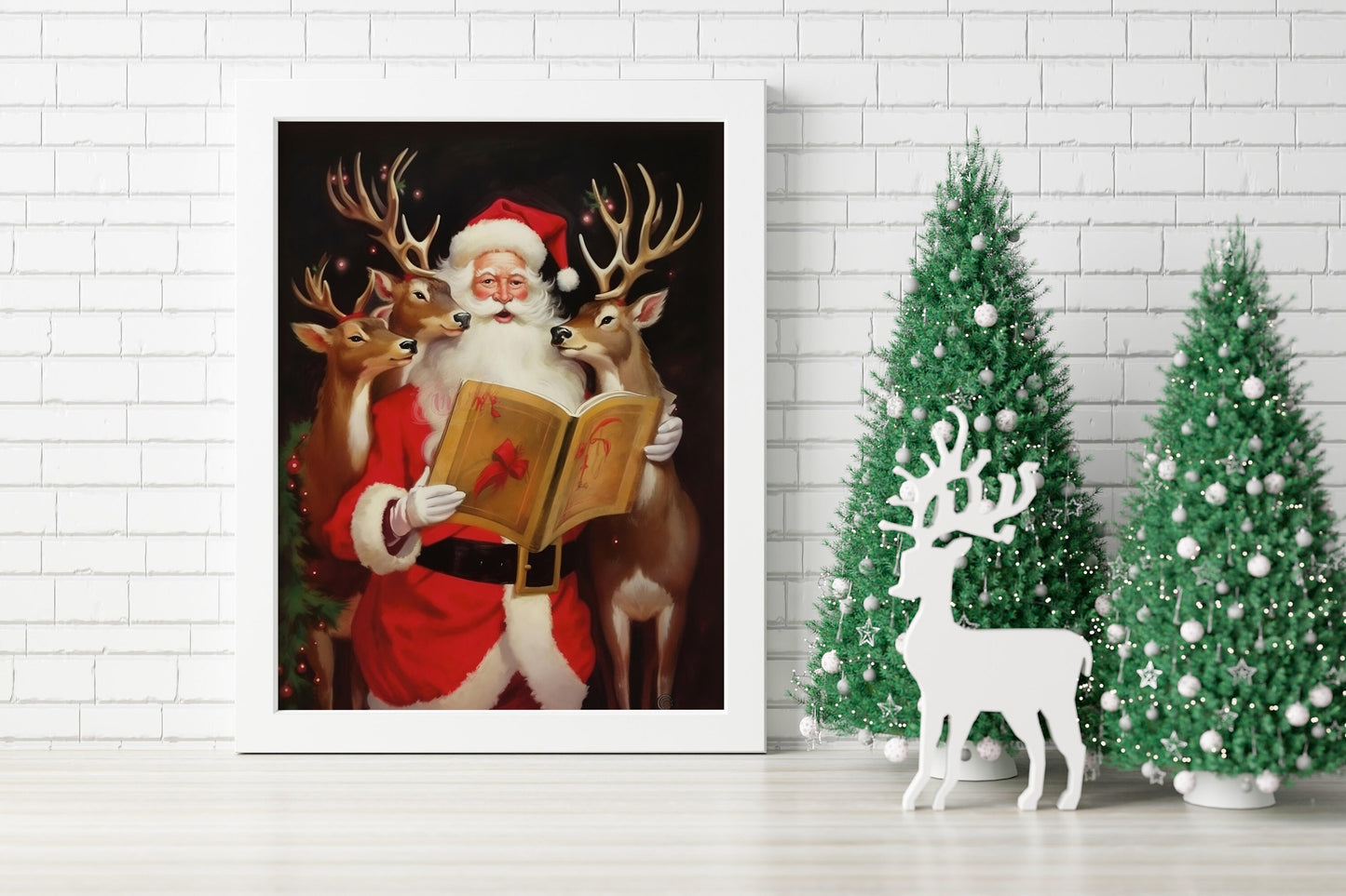 Christmas Vintage Santa Reading A Book To His Reindeer Art Print, Vintage Christmas, Santa Claus is Coming to Town, Vintage Santa