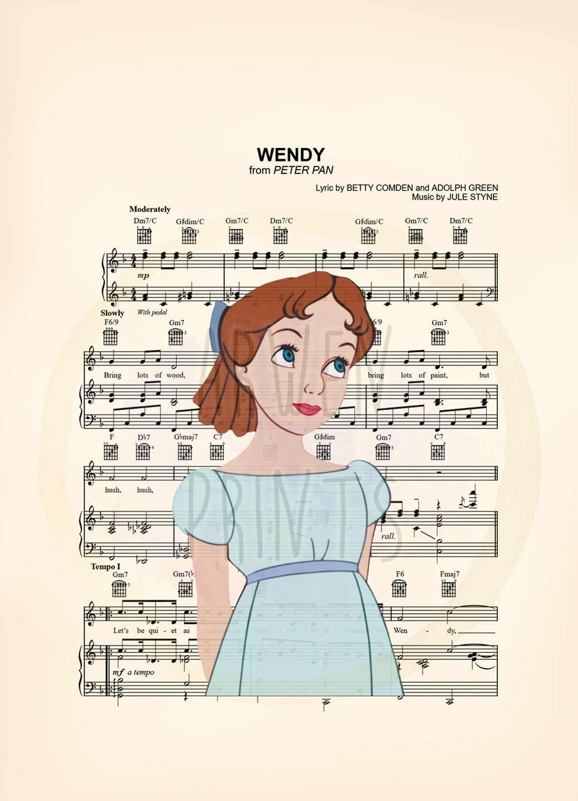 Peter Pan Wendy Darling Sheet Music Wall Art — Disney Gift for Music Lovers