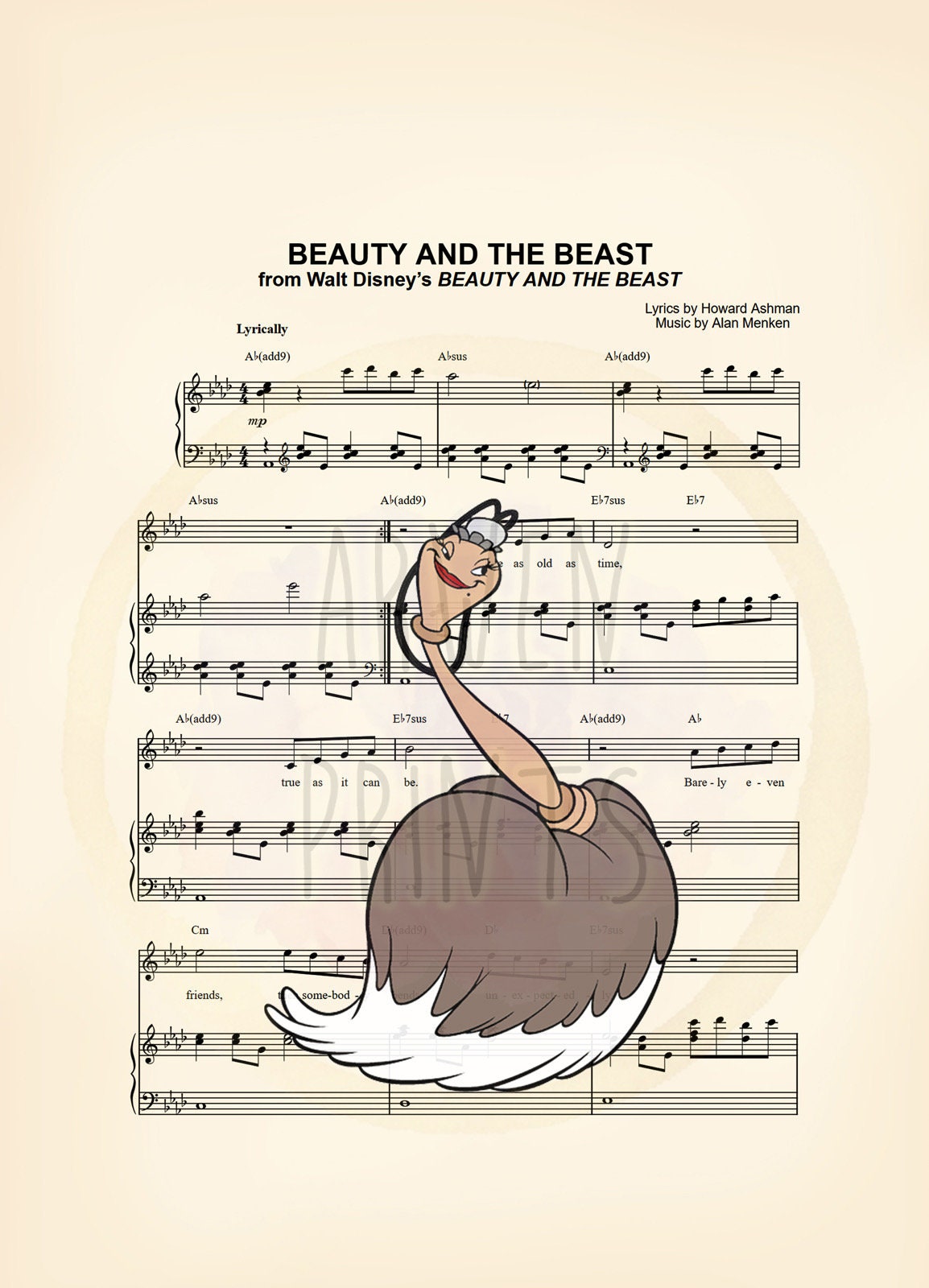 Beauty and the Beast Babette, Plumette, Fifi, Featherduster Sheet Music Art Print