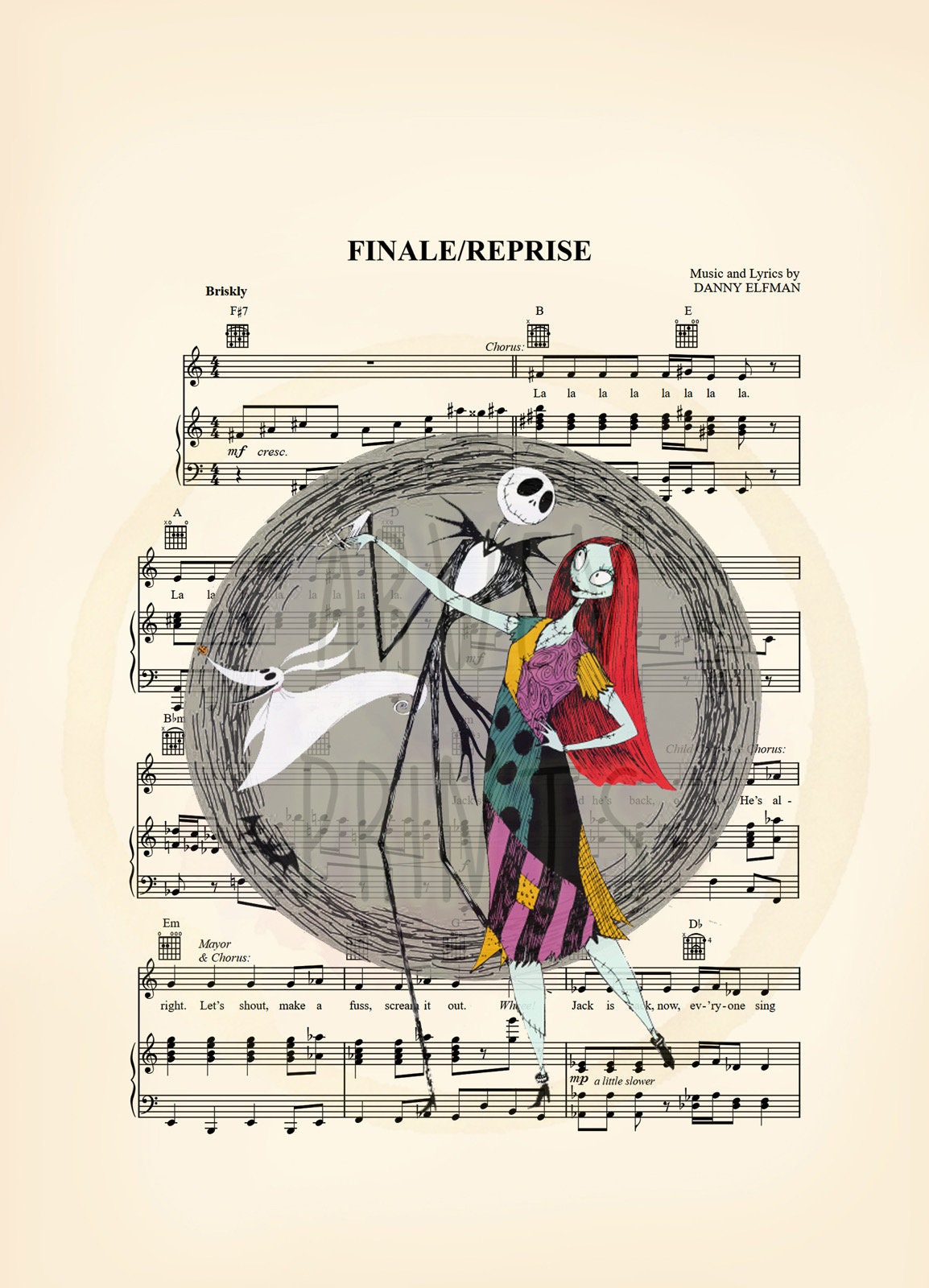 Nightmare Before Christmas Jack Sally and Zero Sheet Music Wall Art — Disney Gift for Music Lovers