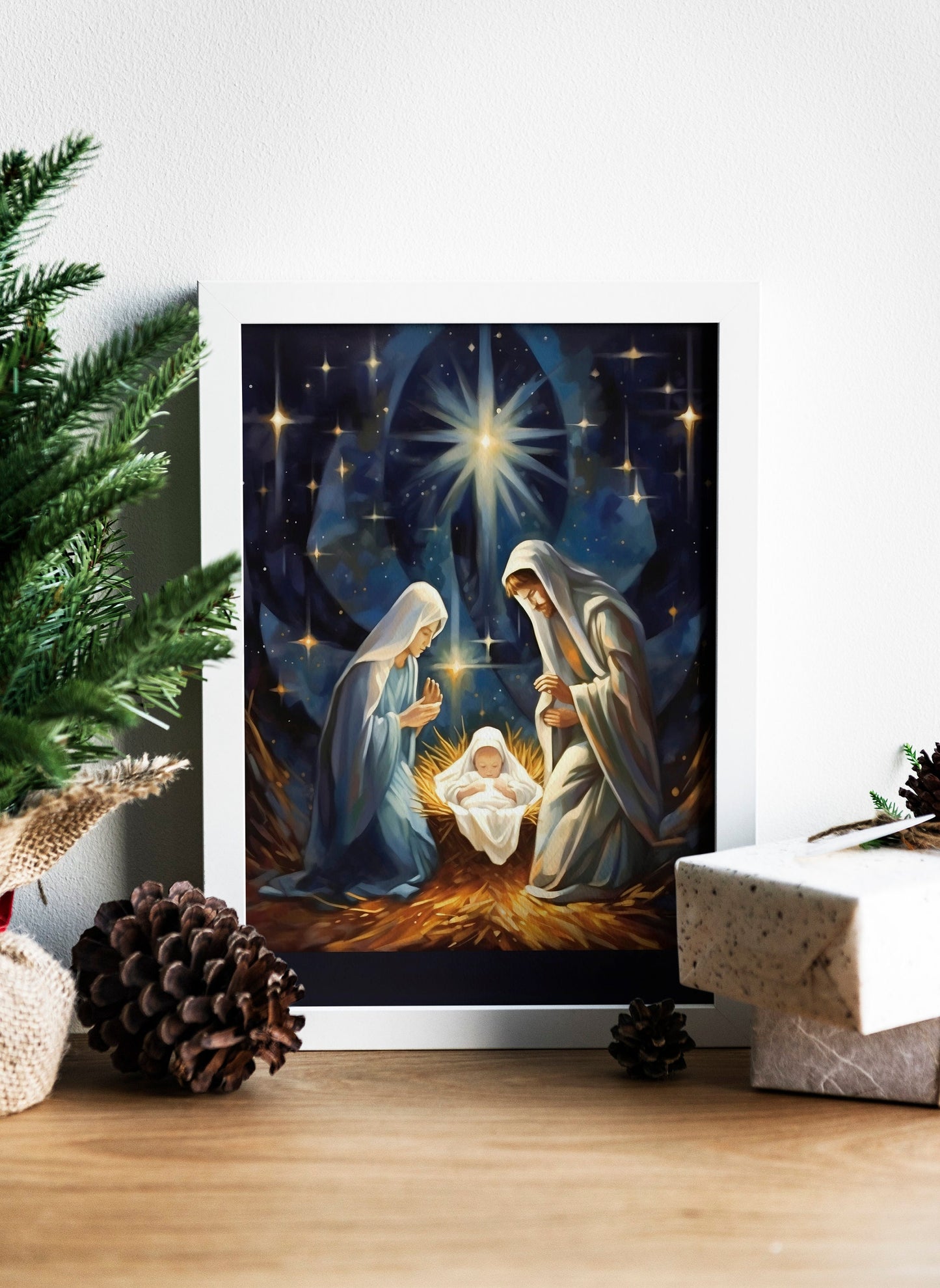 Christmas Nativity Birth of Jesus Art, Mary Joseph and Baby Jesus, Christian Christmas, Christmas Art Print