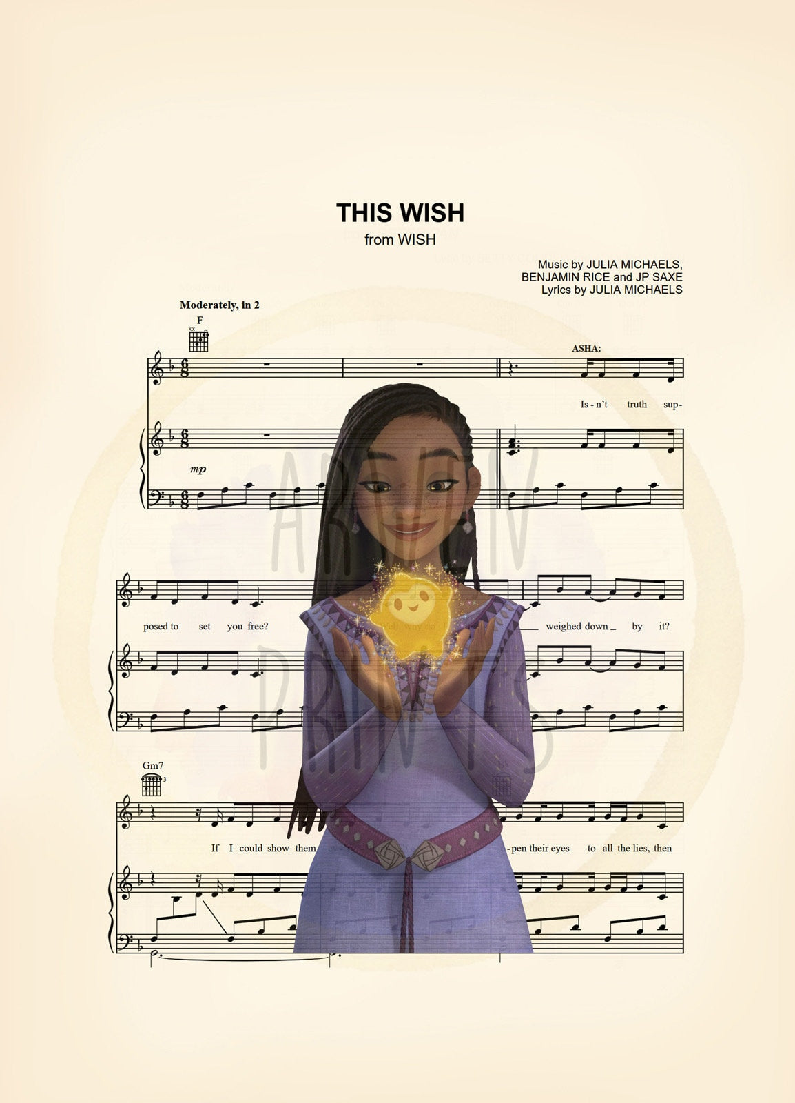 Wish Asha and Starboy The Wish Sheet Music Wall Art — Disney Gift for Music Lovers