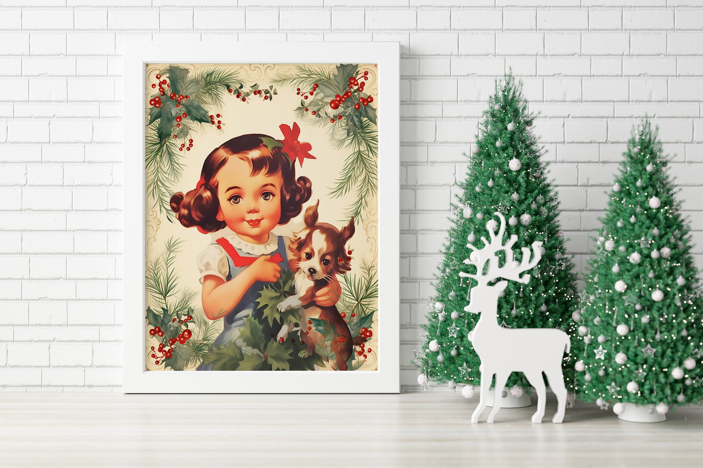 Christmas Vintage Young Girl With a Dog Illustration Art Print, Vintage Christmas, Vintage Christmas Illustration, Christmas Art