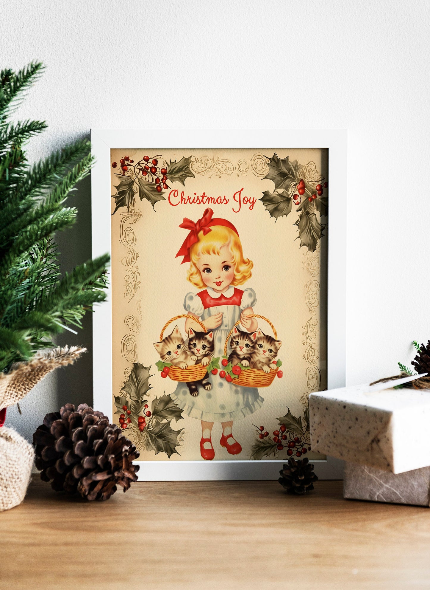 Vintage Christmas Little Girl Holding Kittens Illustration Art Print, Christmas Cat, Vintage Christmas, Christmas Wall Art, Christmas Kitten